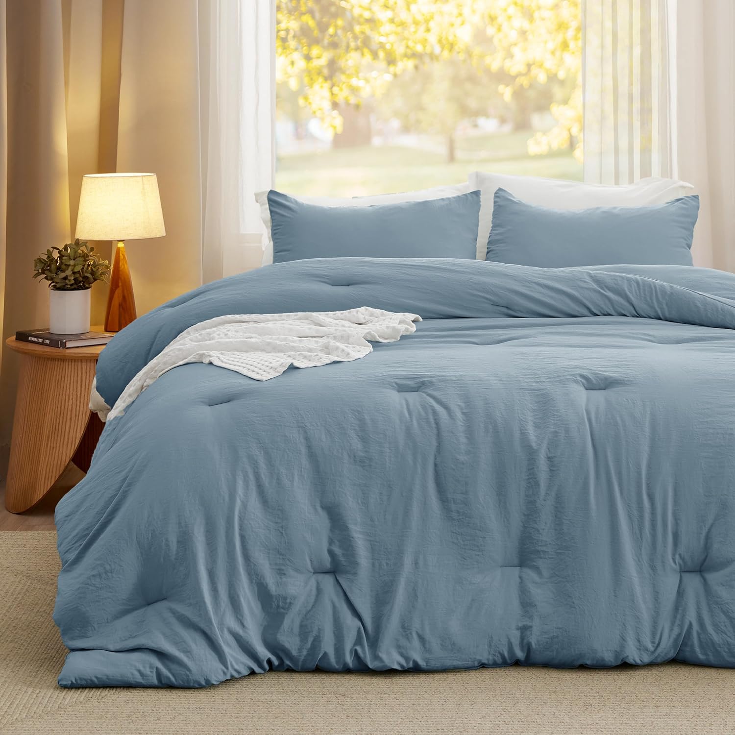 Detalle de Bedsure BB349B2 Full Comforter Set, Grayish Blue, 3-Piece Prewashed Bedding