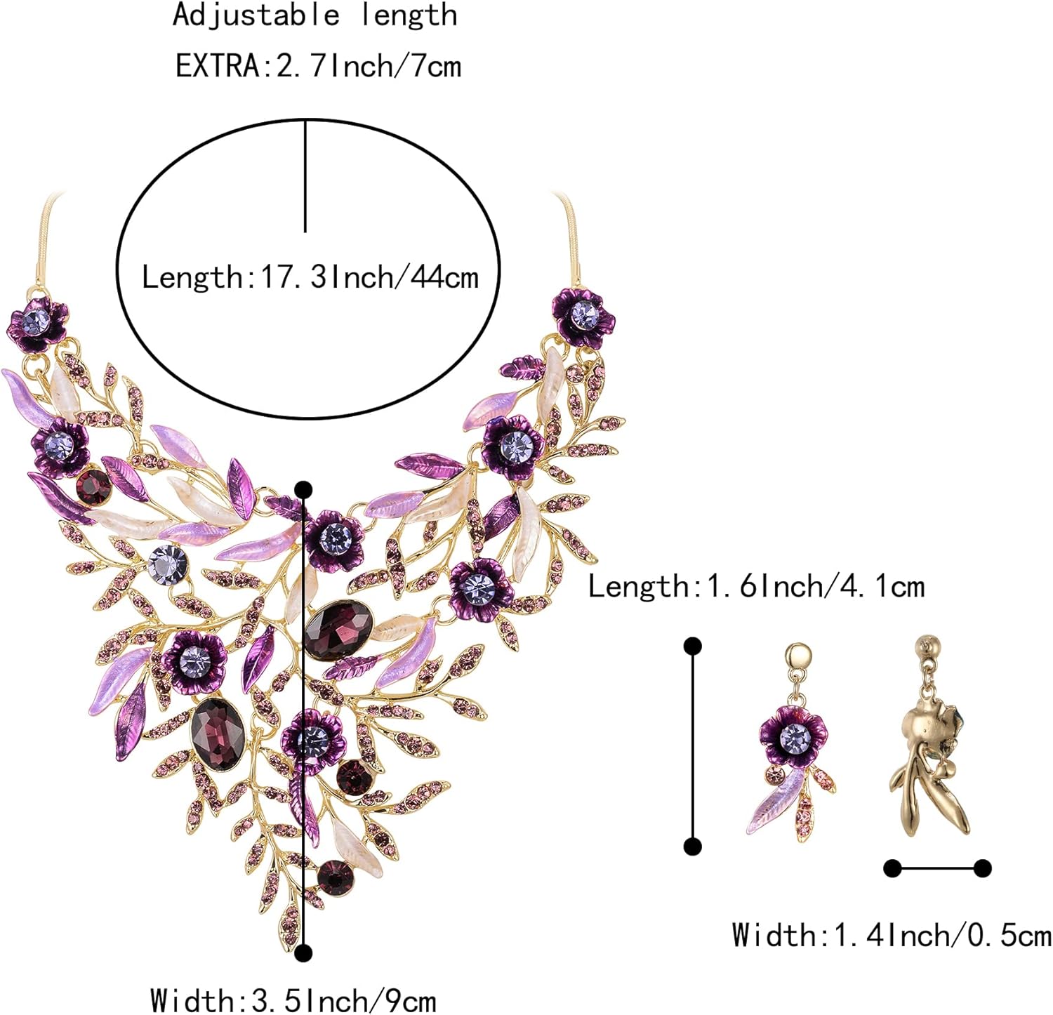 Thumbnail 3 de Parure de bijoux de mariage Clearine : collier et boucles d’oreilles en émail et cristal, fleurs et longues feuilles
