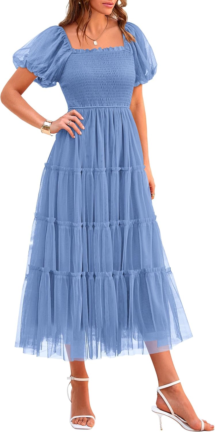 Detalle de PRETTYGARDEN Women's Smocked Midi Tulle Dress