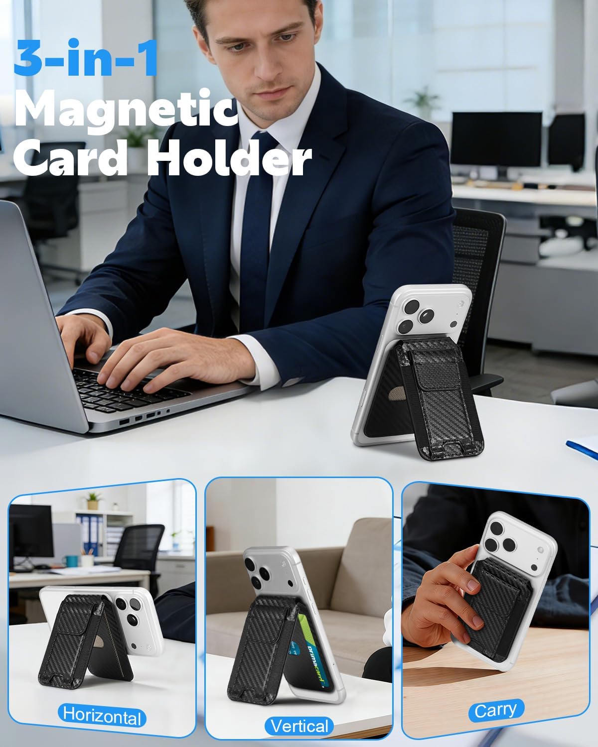 Detalle de Casebo MagSafe Wallet – magnetisk korthållare med stativ, RFID-skydd och plats för 7 kort