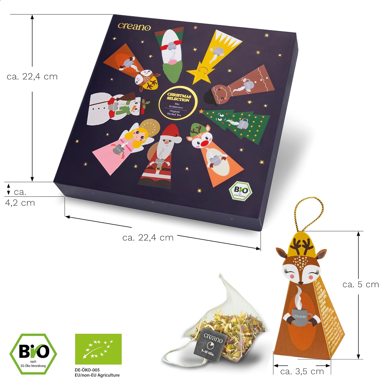 Detalle de Creano biologische kerstthee-cadeaubox met 9 kerstfiguren en piramidezakjes