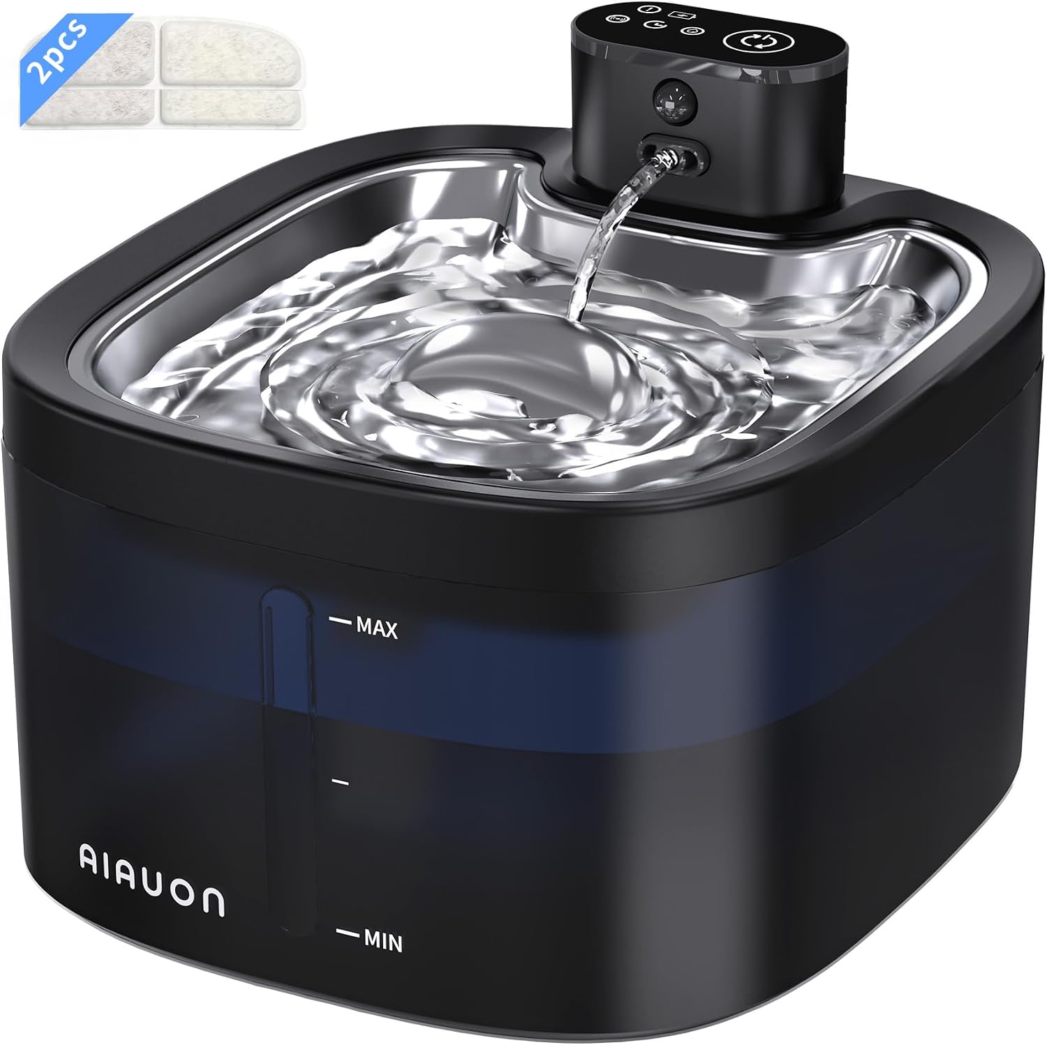 Detalle de Katzenbrunnen kabellos 3,5 L – Drahtloser Trinkbrunnen mit Sensor, 3 Modi, Edelstahl-Schale, leise und batteriebetrieben (Schwarz + 2 Filter)