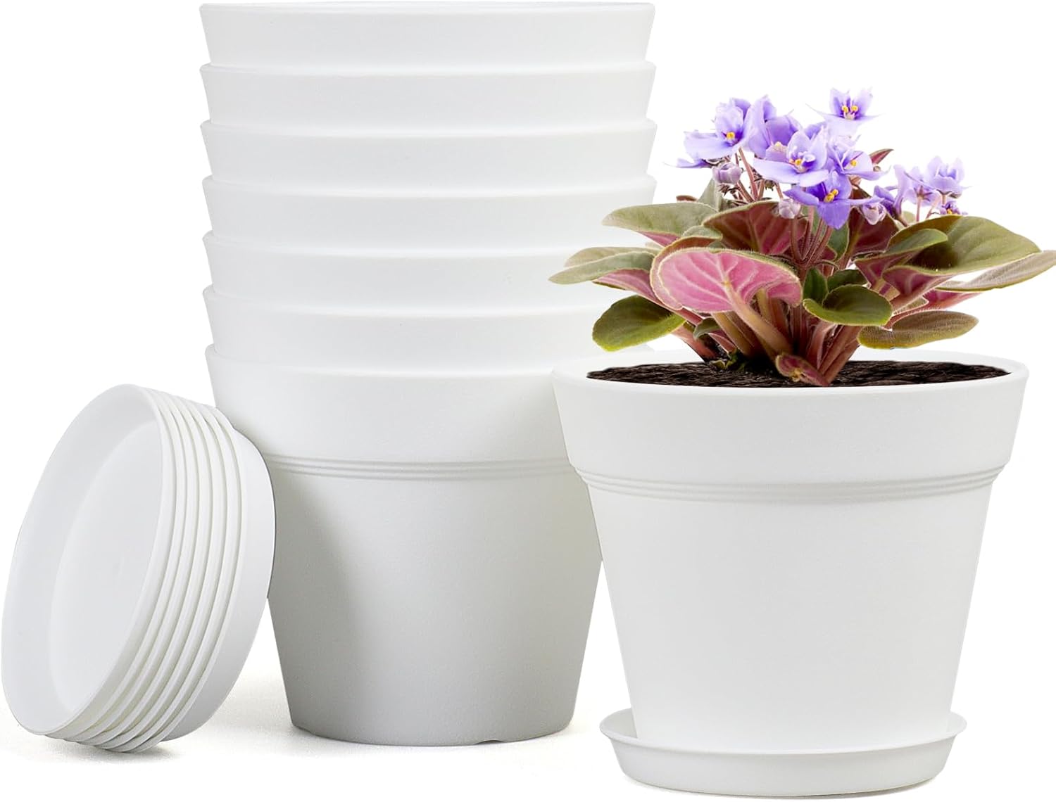 Homeuouz 8er-Set Blumentöpfe mit Untersetzer, 10 cm – Kunststoff, UV-beständig & wetterfest, Weiß