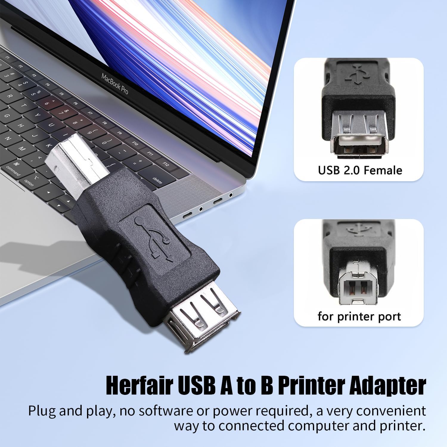 Detalle de Herfair USB A to B Adapter – Female to Male Converter (2 Pack) for Printers, Scanners and More