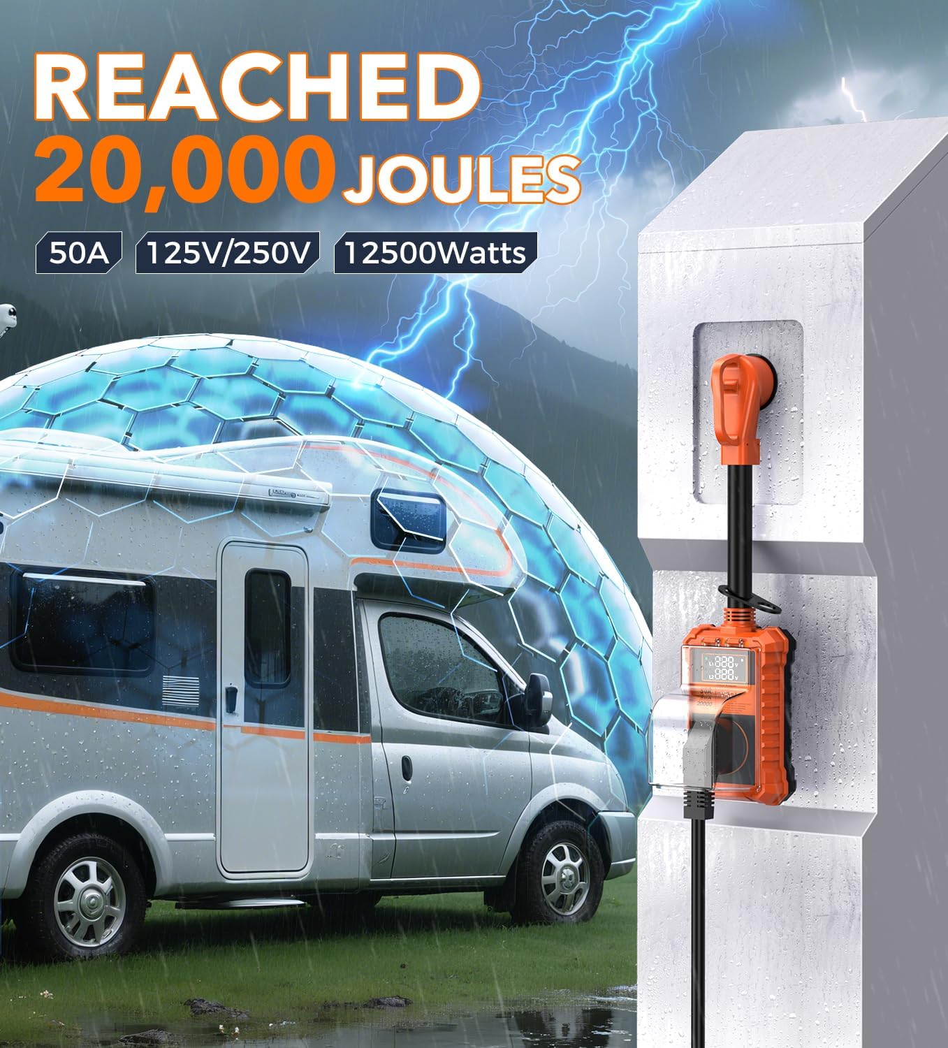 Thumbnail 1 de Toujreo RV Surge Protector 50 Amp - 20000J with IP68 Waterproof Cover