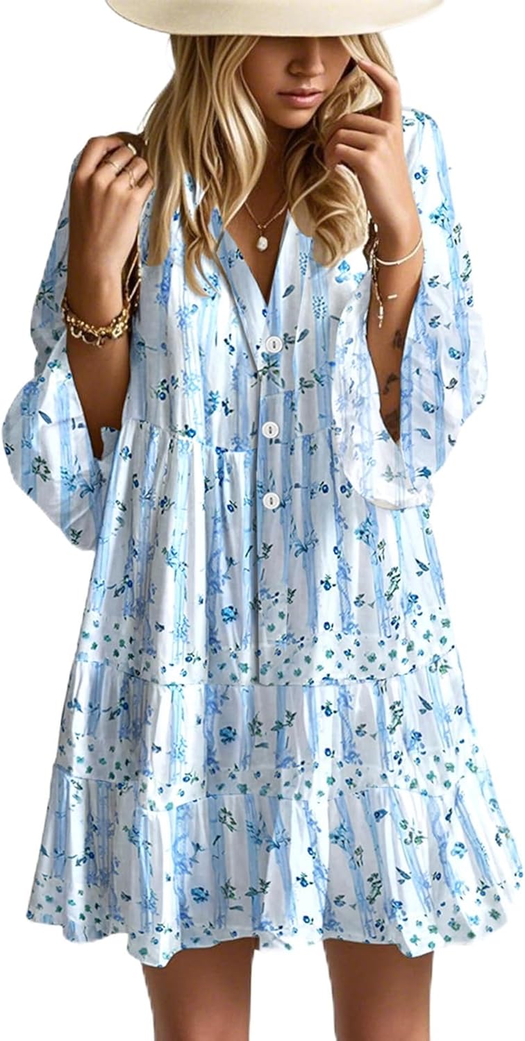 Detalle de Opemiby Summer Dresses for Women 2026: Flowy Ruffle 3/4 Sleeve V-Neck Tiered Babydoll Boho Beach Mini Dress