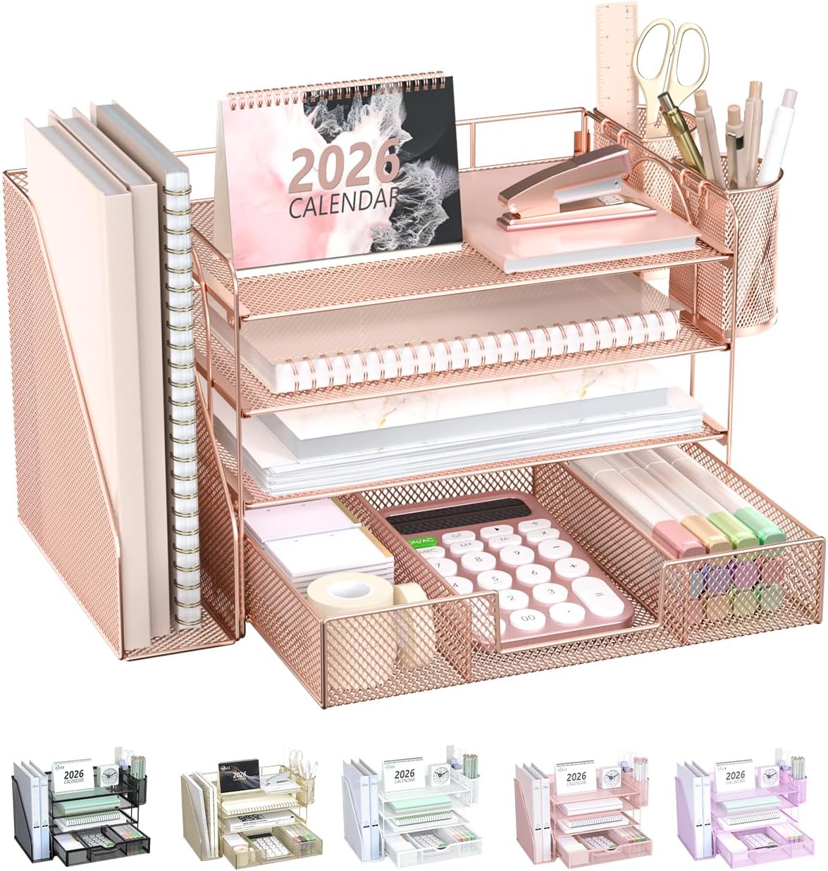 Detalle de WALI 4-Tier Desk File Organizer with Drawer, Pen Holders, Rose Gold