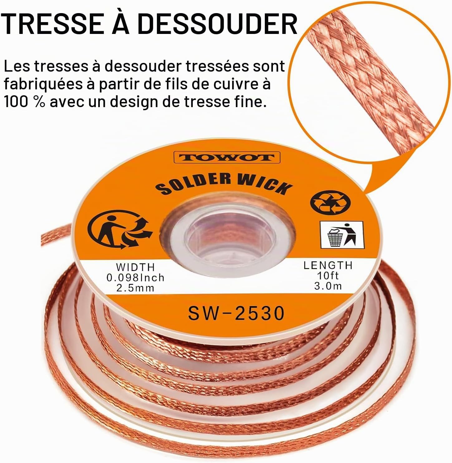 Thumbnail 1 de TOWOT Tresse à dessouder 3 m et pâte à souder sans nettoyage (10 cc) – Kit de dessoudage pour réparations électroniques