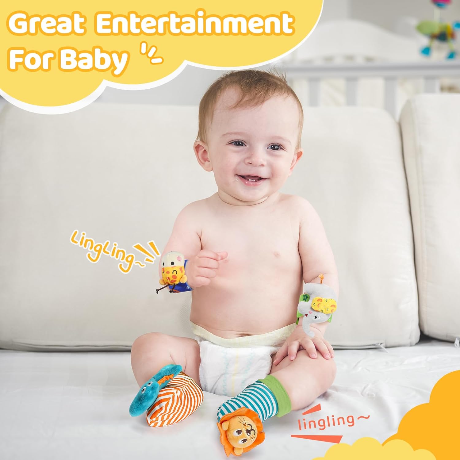 Thumbnail 4 de Foot Finders Wrist Rattles for Infants (sock and wrist rattle set with rainforest animal designs)
