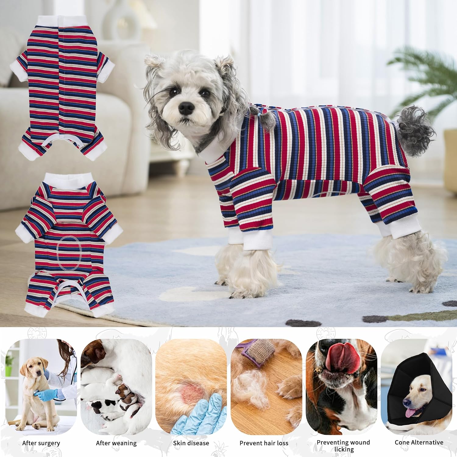Detalle de PawSailor Dog Surgery Recovery Suit Sleeve – Full Body Cotton Onesie (Blue-Red, S) for Post-Surgical Protection