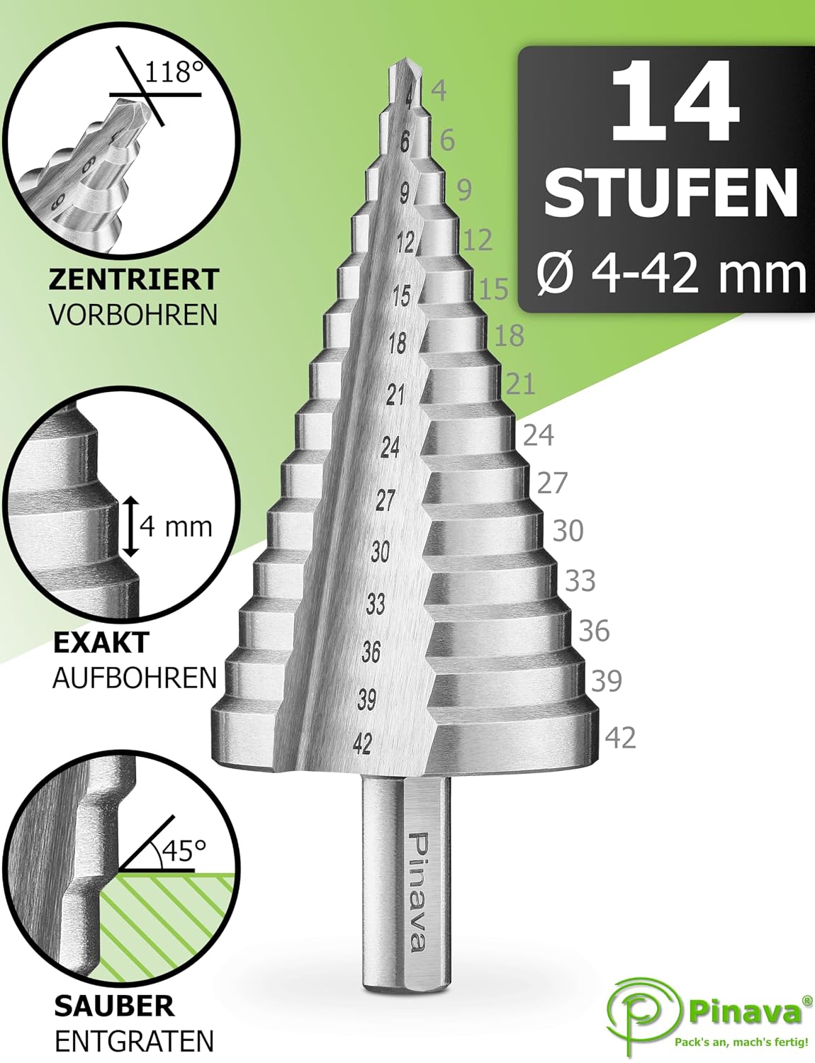 Detalle de Pinava® HSS Stufenbohrer Ø4–42 mm (14 Stufen) – Kegelbohrer für Metall, Holz & Kunststoff