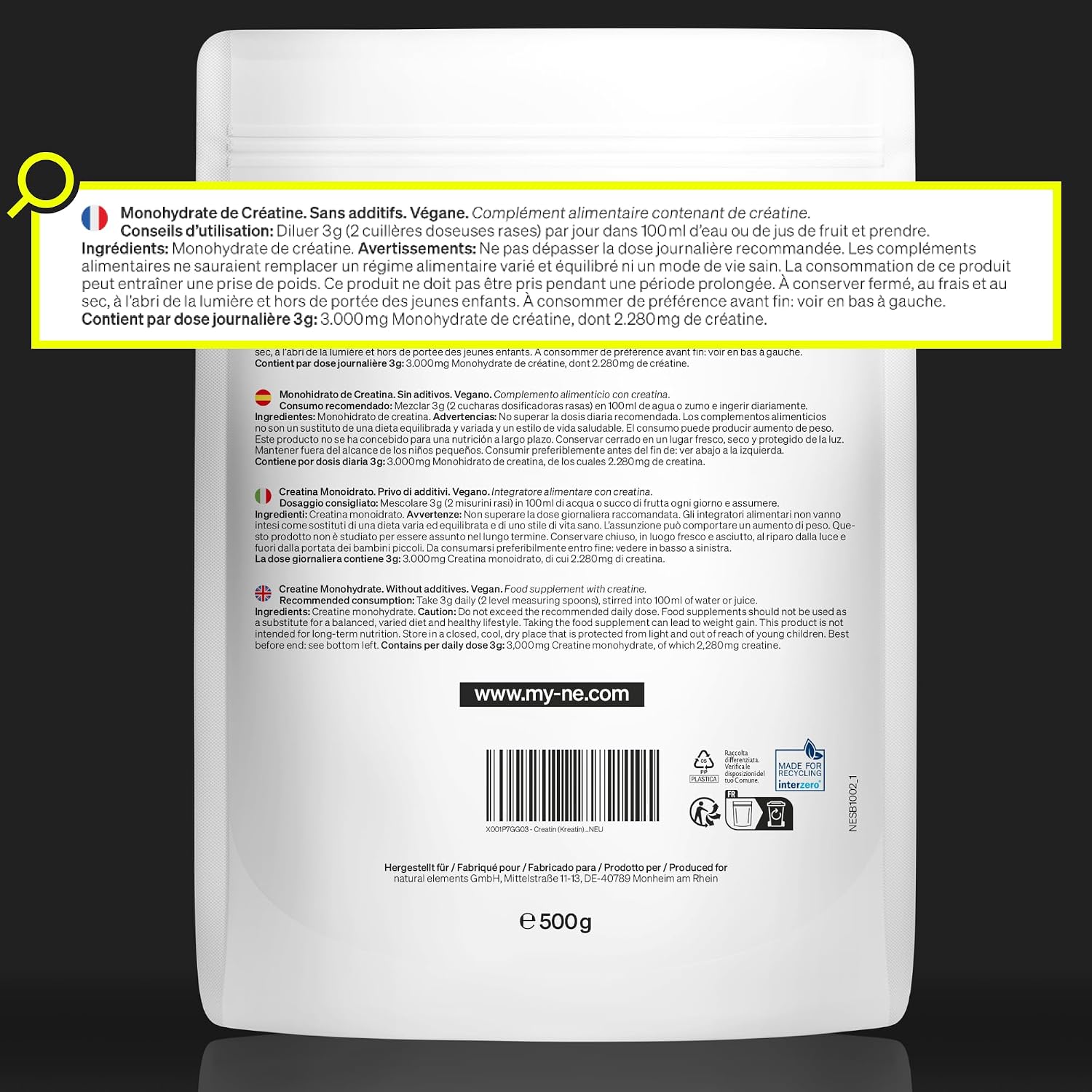 Thumbnail 5 de Natural Elements Créatine Monohydrate Poudre 500 g (166 portions) — 100% vegan, sans additifs