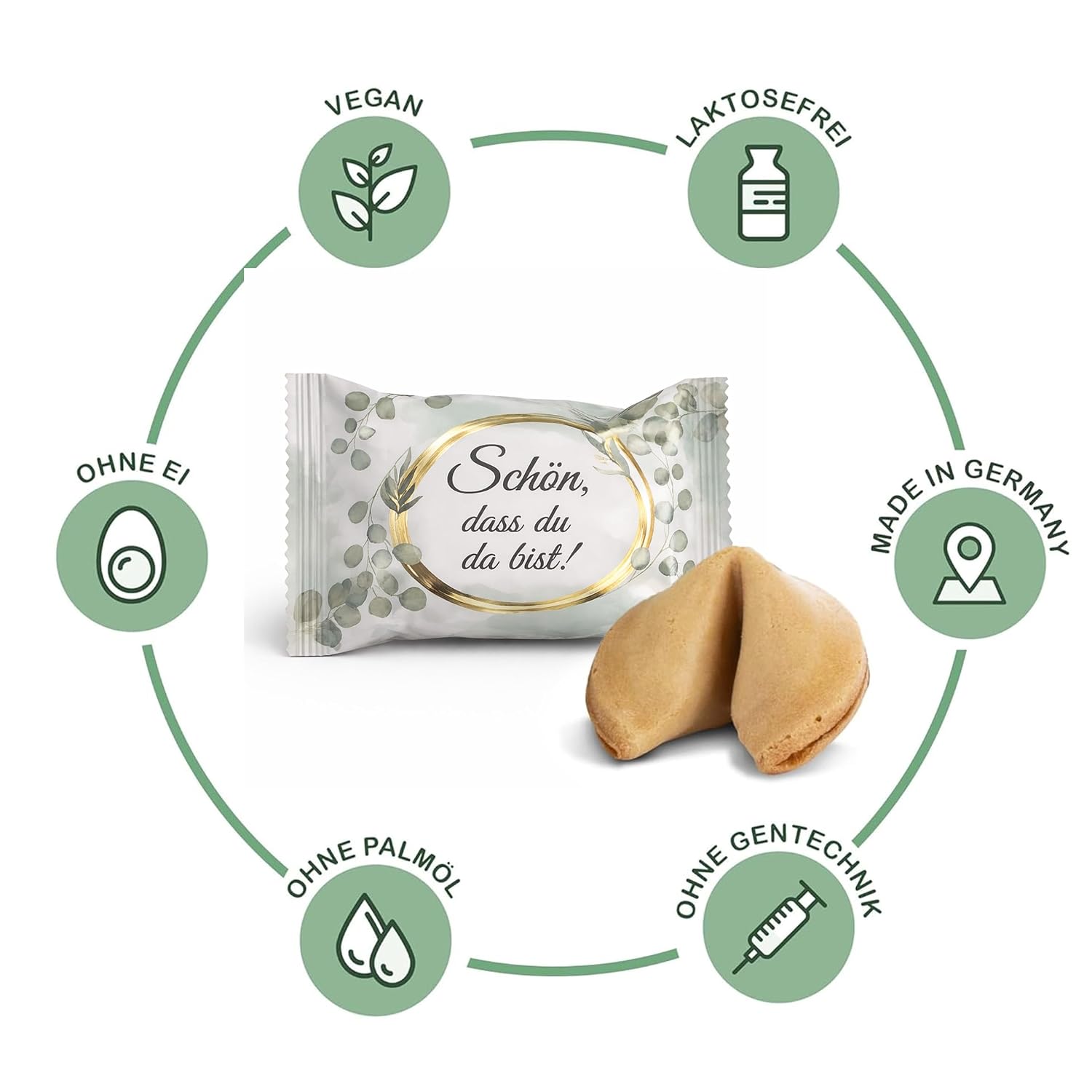 Detalle de FOOD crew 12x Glückskekse „Schön dass du da bist“ – einzeln verpackt, vegan (Gastgeschenk Hochzeit & Kommunion)