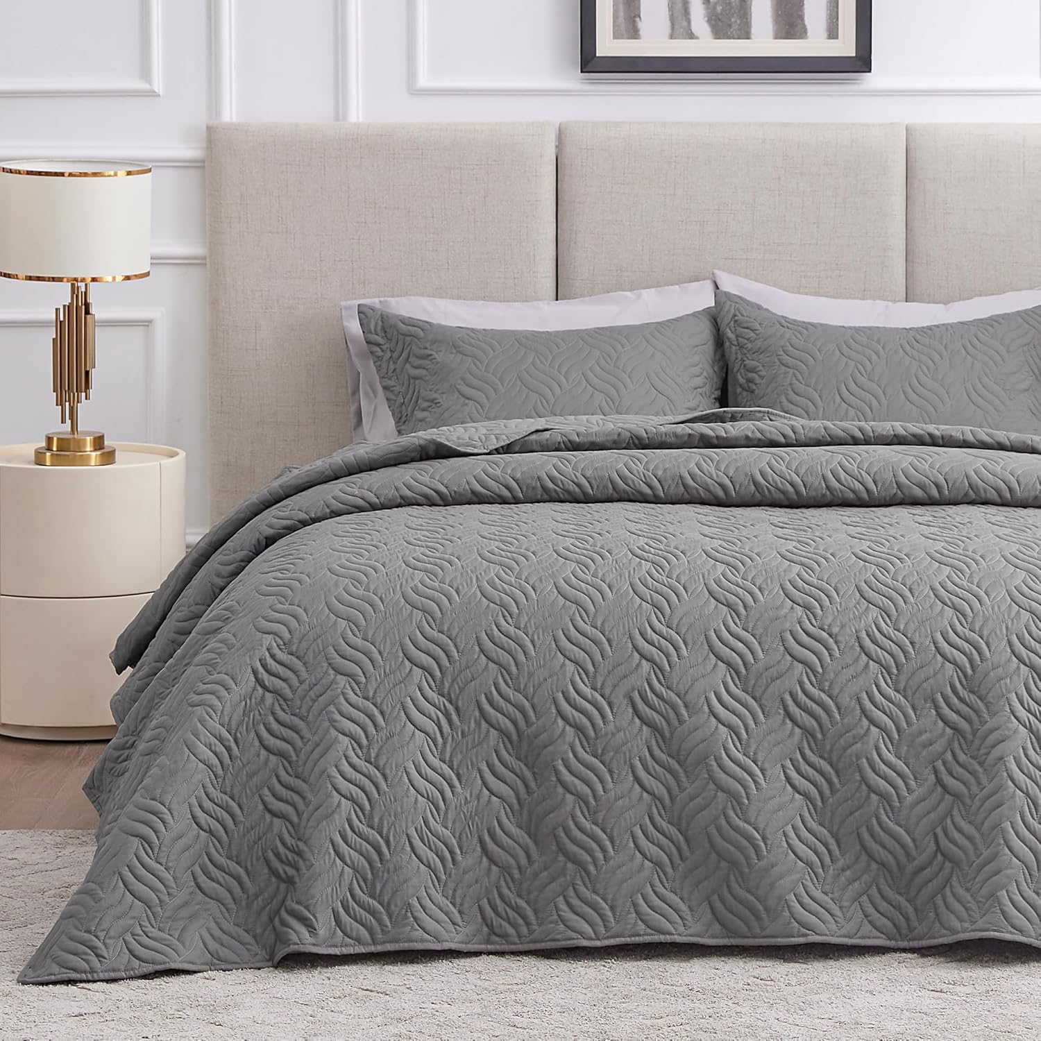 Detalle de Love's cabin Queen Quilt Set with Wave Pattern in Gray