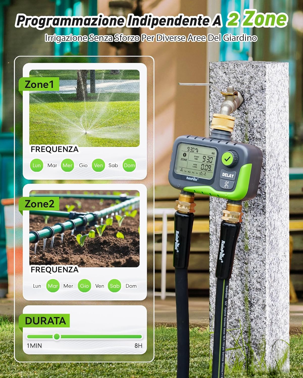 Detalle de RAINPOINT centralina irrigazione 2 vie solare con ampio display LCD – IP65