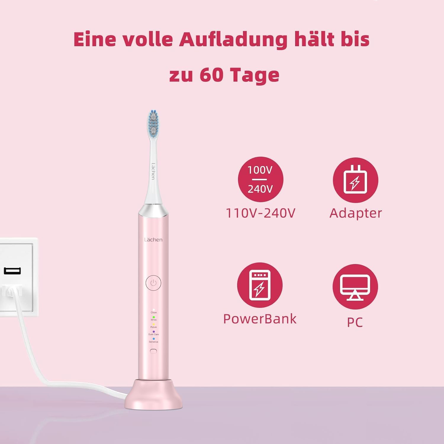 Thumbnail 3 de Lächen Elektrische Schallzahnbürste 5 Modi Rosa
