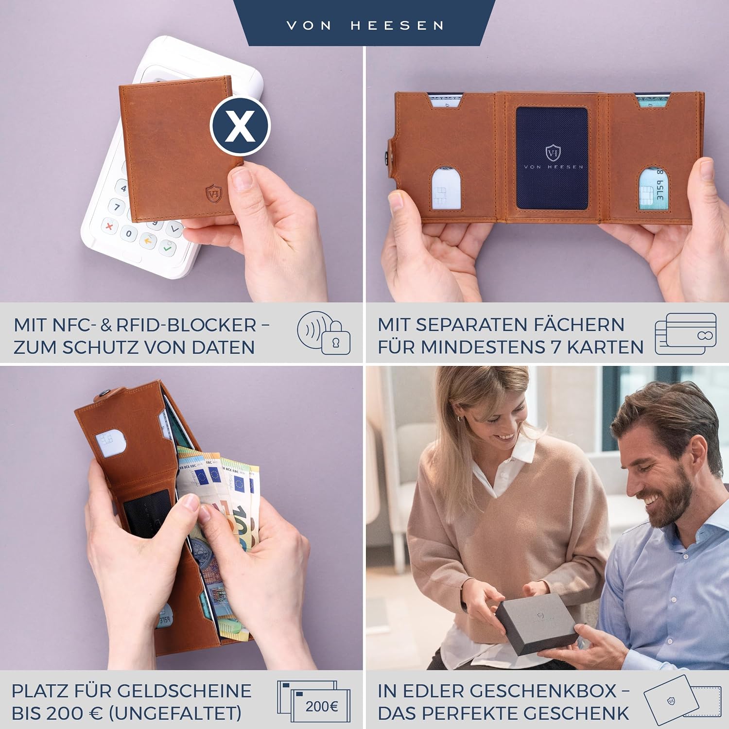 Detalle 2 de VON HEESEN Slim Wallet Cognac Waxy 9,2×7,7×2,2 cm