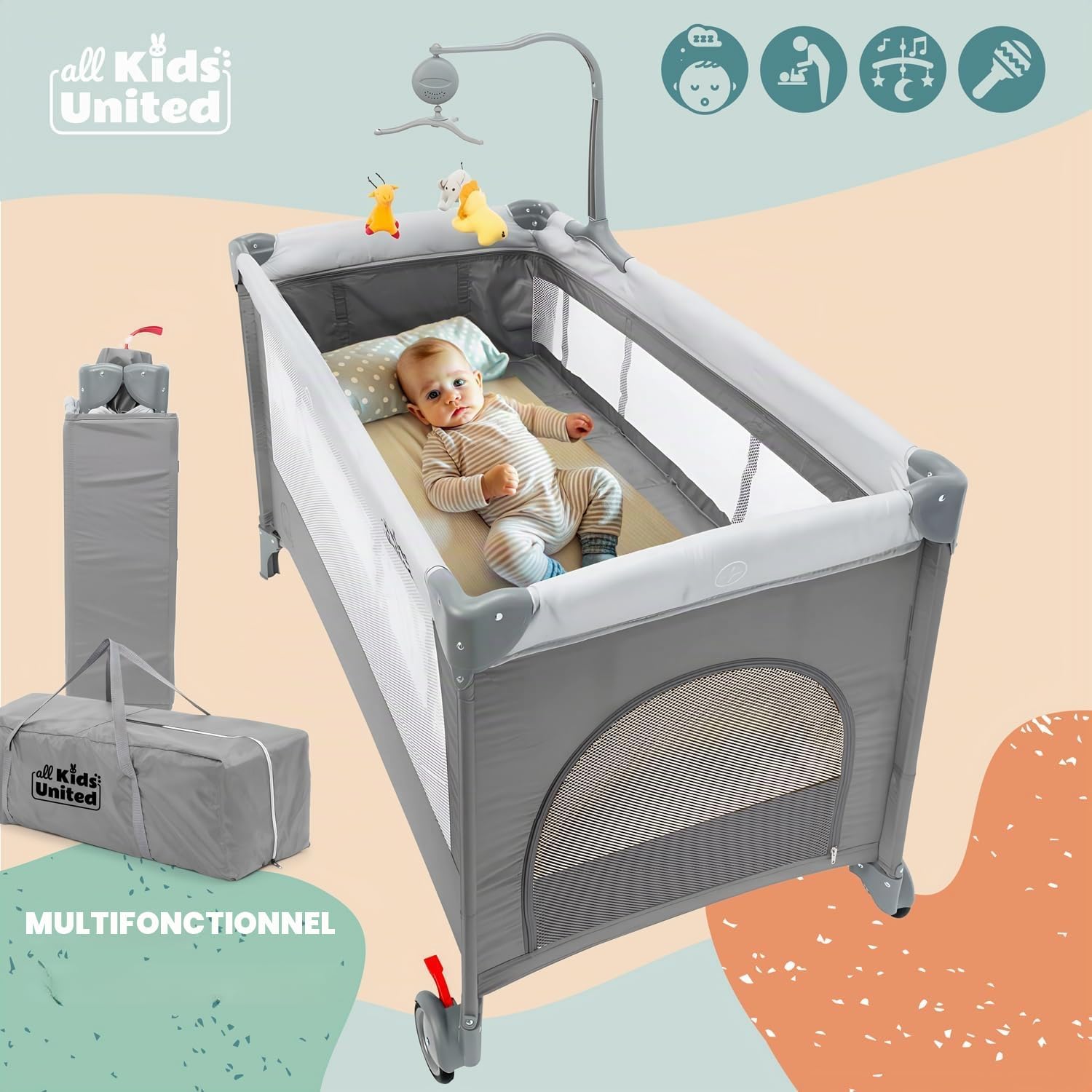 Thumbnail 1 de Voyage pour bébé Deluxe all Kids United Lit de voyage avec matelas à langer et mobile électronique (gris)