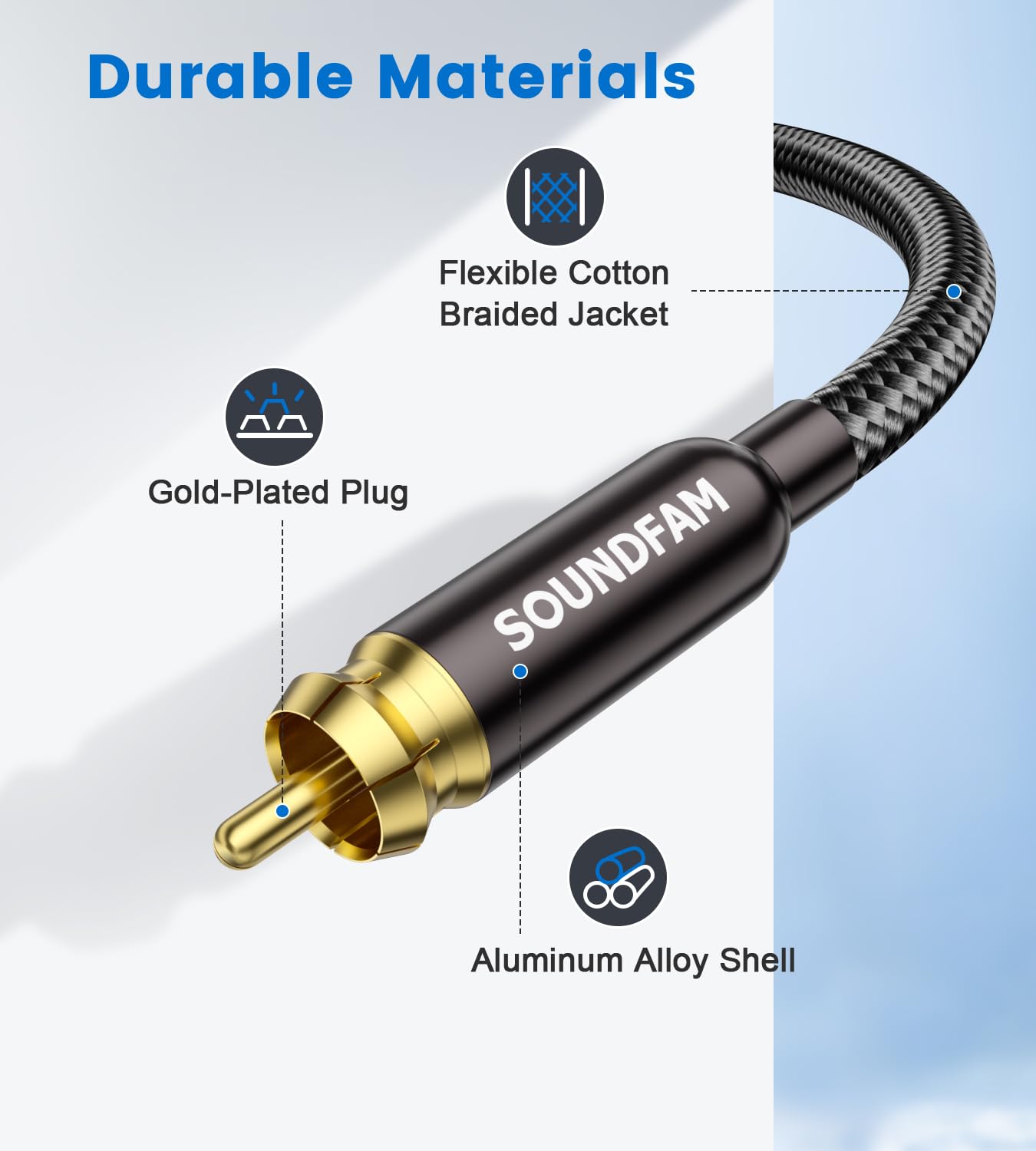 Thumbnail 2 de SOUNDFAM RCA Subwoofer Cable 2M – Gold Plated, Cotton Braided RCA Male to Male