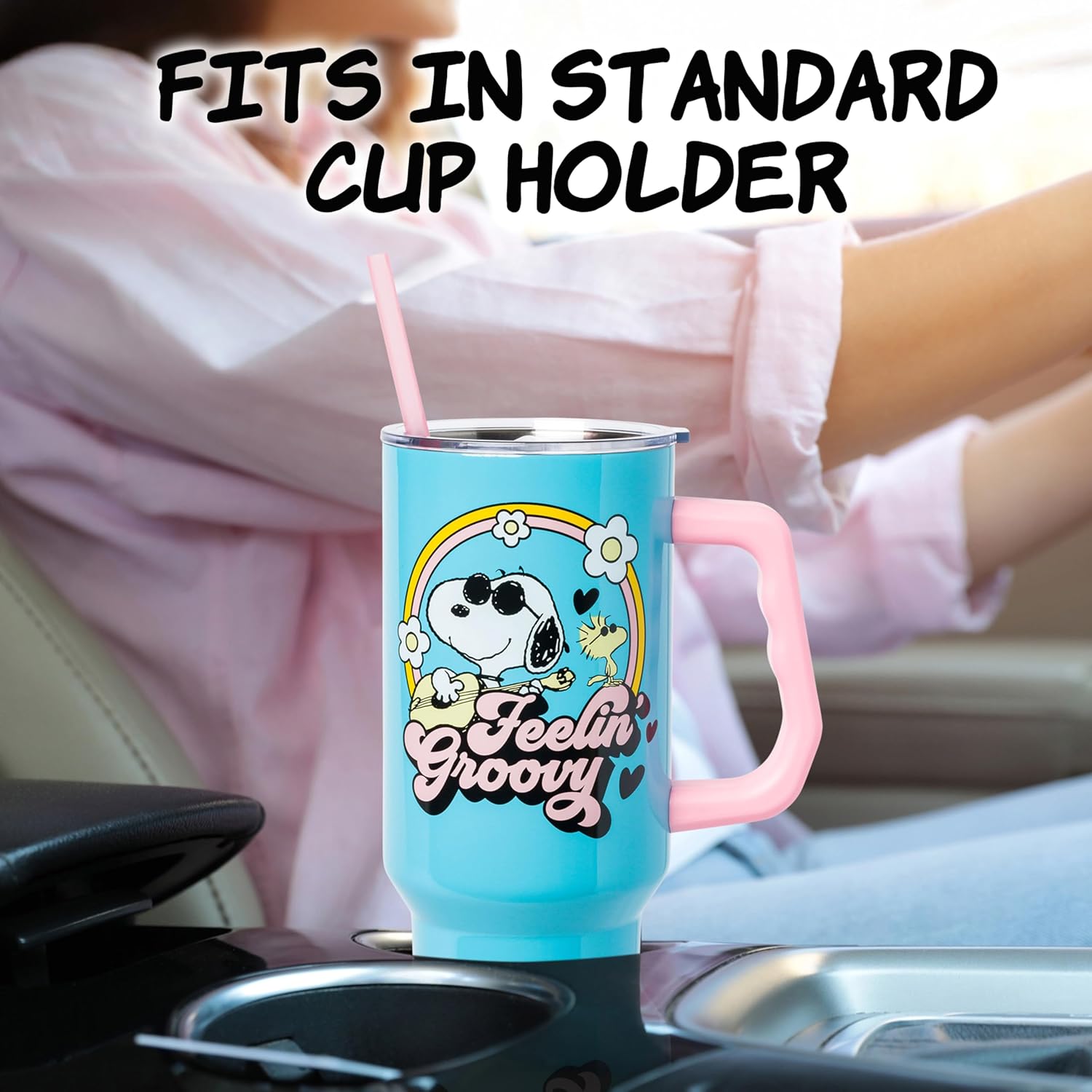 Detalle 2 de Silver Buffalo Peanuts Feelin' Groovy 40 oz Stainless Steel Tumbler with Handle and Straw