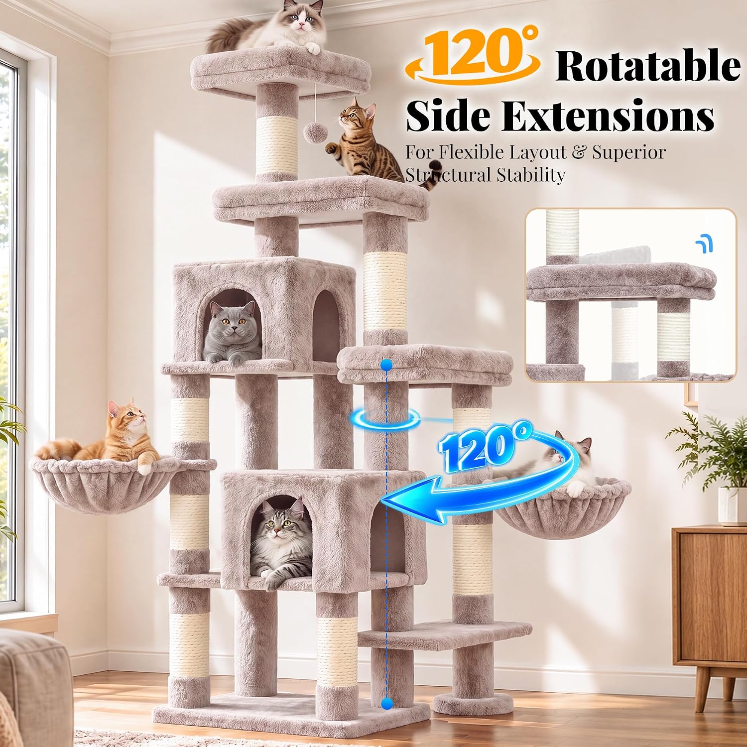 Detalle de Hey-brother MPJ038MU Cat Tree, 70.9-Inch Tower with Sisal Posts and Two Condos