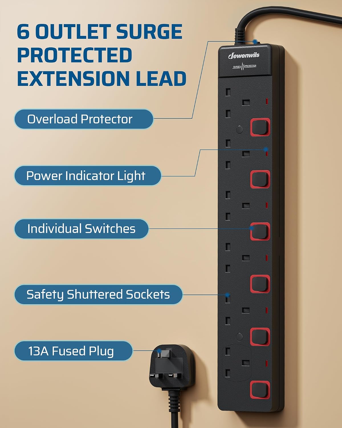 Detalle 2 de DEWENWILS 6 gang surge protected extension