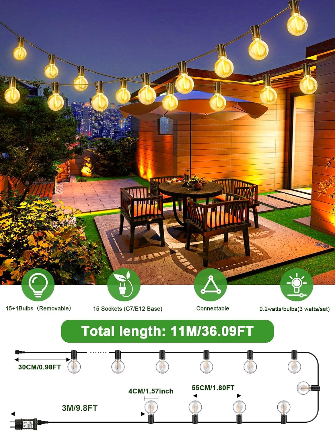 Detalle de Catena Luci da Esterno 11M/36Ft G40 LED Dimmerabile – Luce calda per giardino e feste