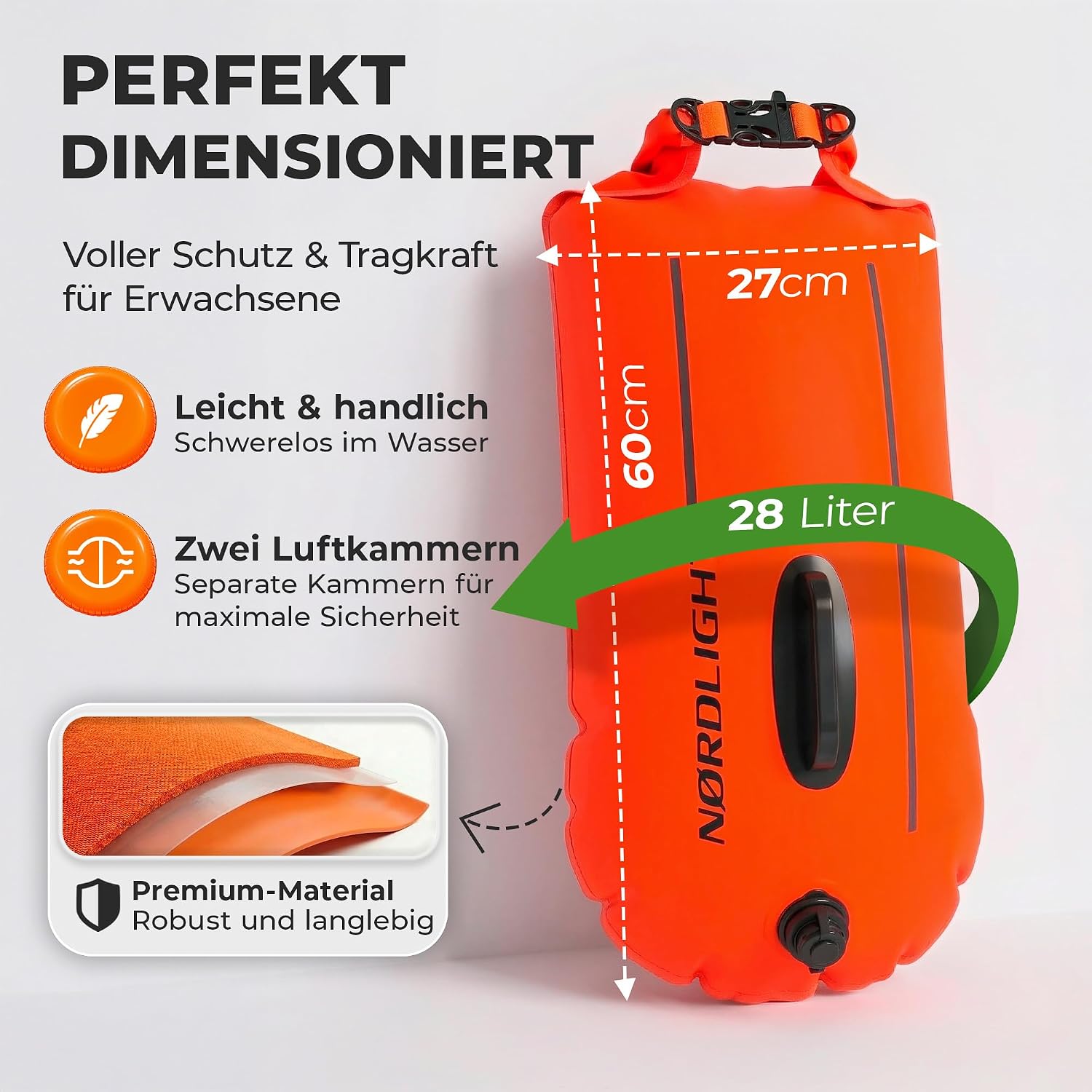 Detalle de Nordlight Schwimmboje – Dry Bag, Aufblasbare Sicherheitsboje für Erwachsene