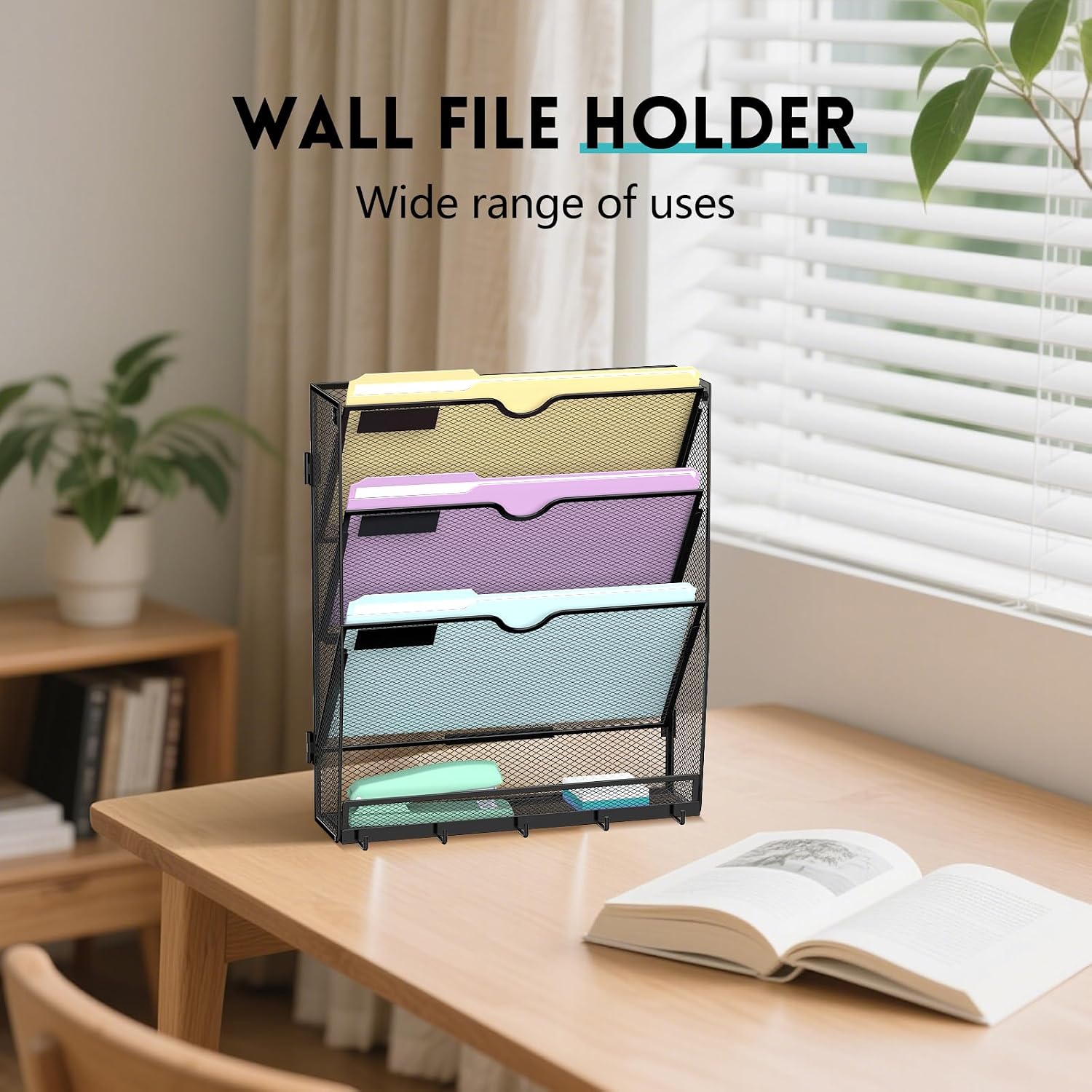 Detalle 2 de ReePlan R4CGQ000023 4-Tier Wall File Organizer with 5 Hooks, Black Metal Mesh