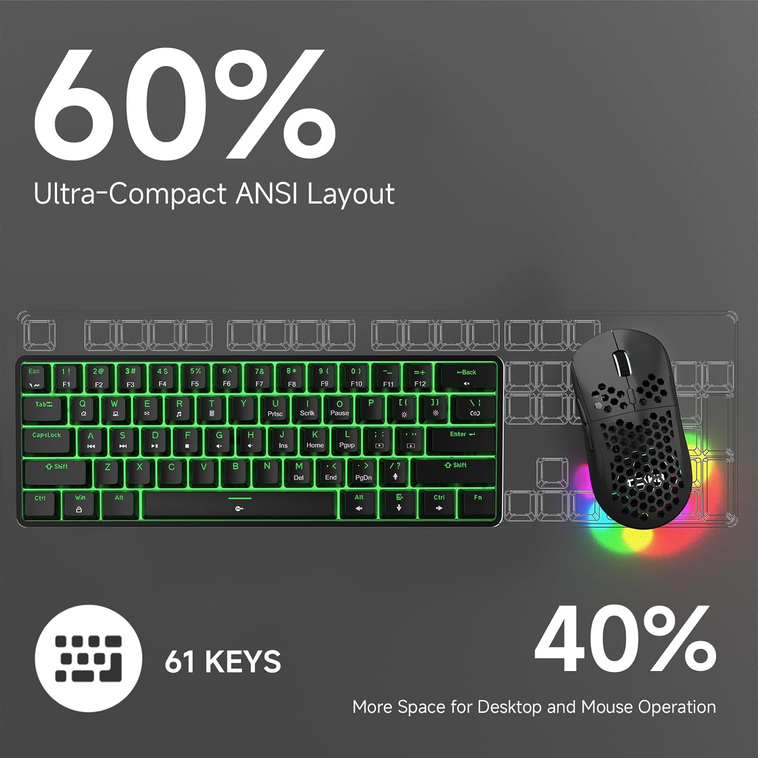 Thumbnail 5 de TMKB 60% Mechanical Gaming Keyboard (Red Linear Switch) with Detachable USB-C, LED Backlight, 61-Key Anti-Ghosting, Wired (Black)