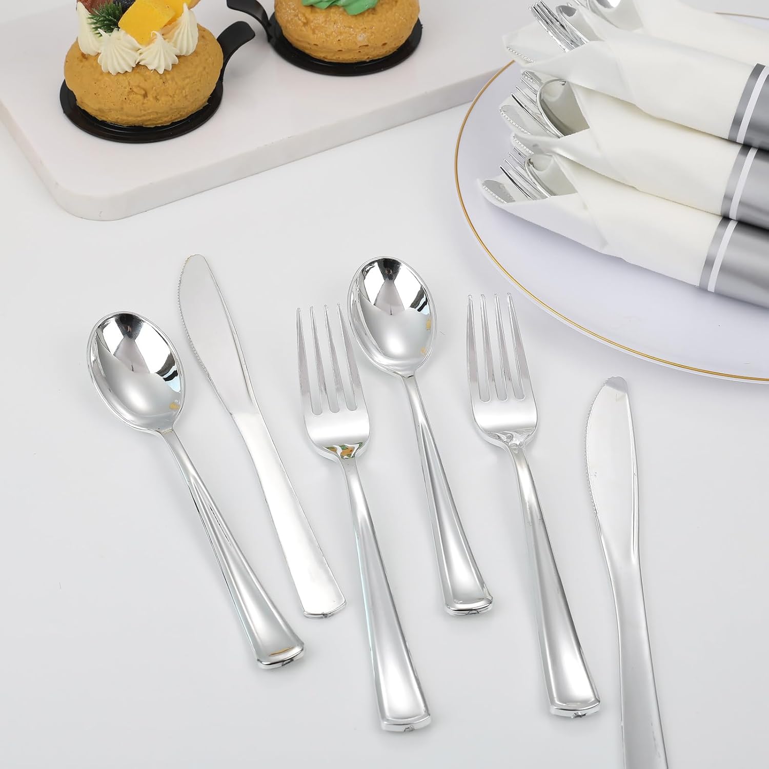 Thumbnail 4 de Supernal 120pack Silver Plastic Silverware with Napkins – Wrapped Cutlery Set for Parties