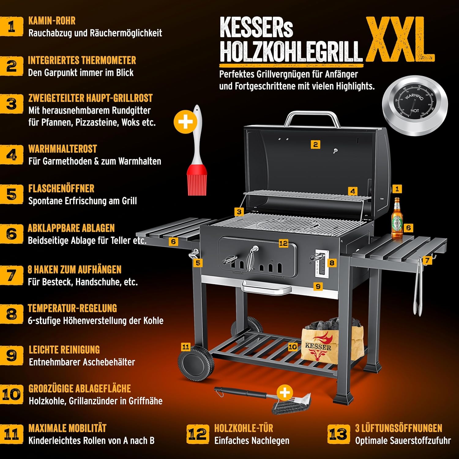 Thumbnail 2 de KESSER Holzkohlegrill XXL Grillwagen-Set mit Deckel & Thermometer (56 x 41,5 cm Rost)