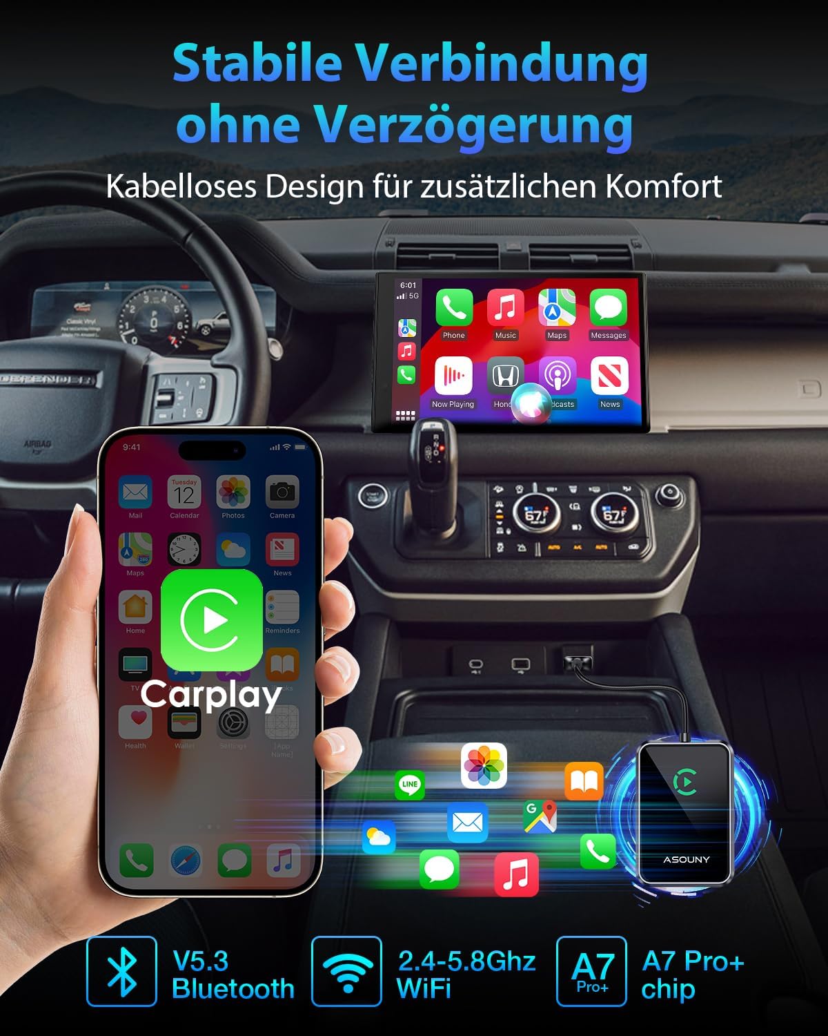 Detalle de ASOUNY CarPlay wireless 2025 per auto 2016