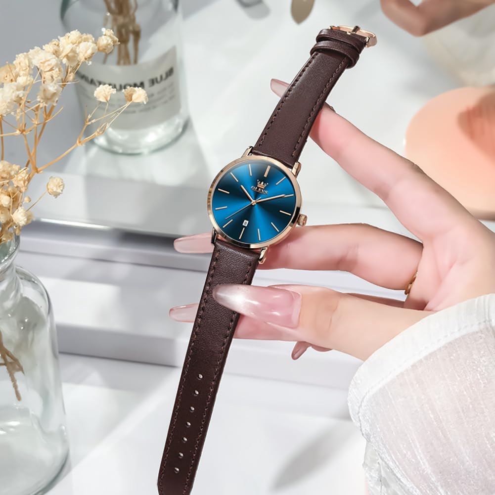 Thumbnail 1 de OLEVS Damenarmbanduhr Quarz – Elegante Uhr mit Lederarmband, 30 m Wasserdicht, Datumsanzeige und Leuchtindizien