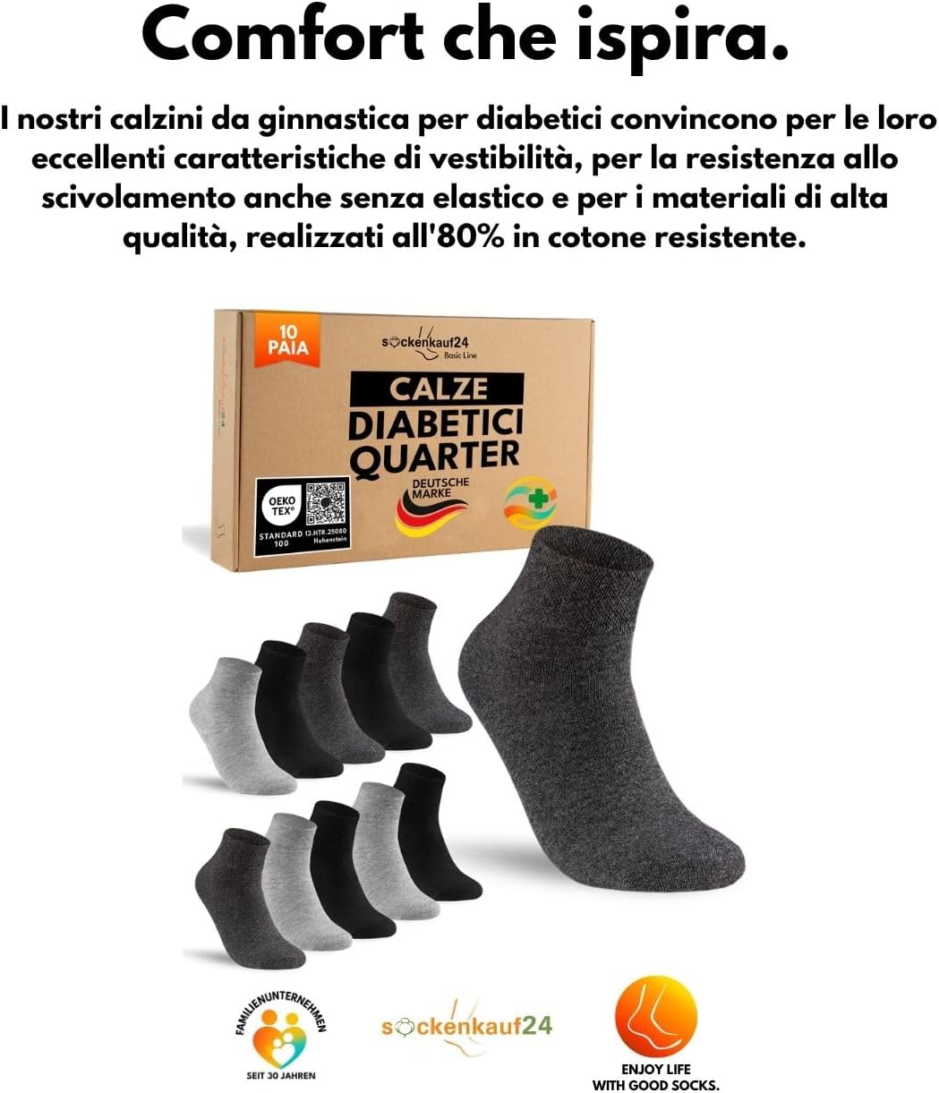 Detalle 2 de sockenkauf24 10 paia di calze diabetiche quarter senza elastico, cotone senza cuciture (uomo e donna)