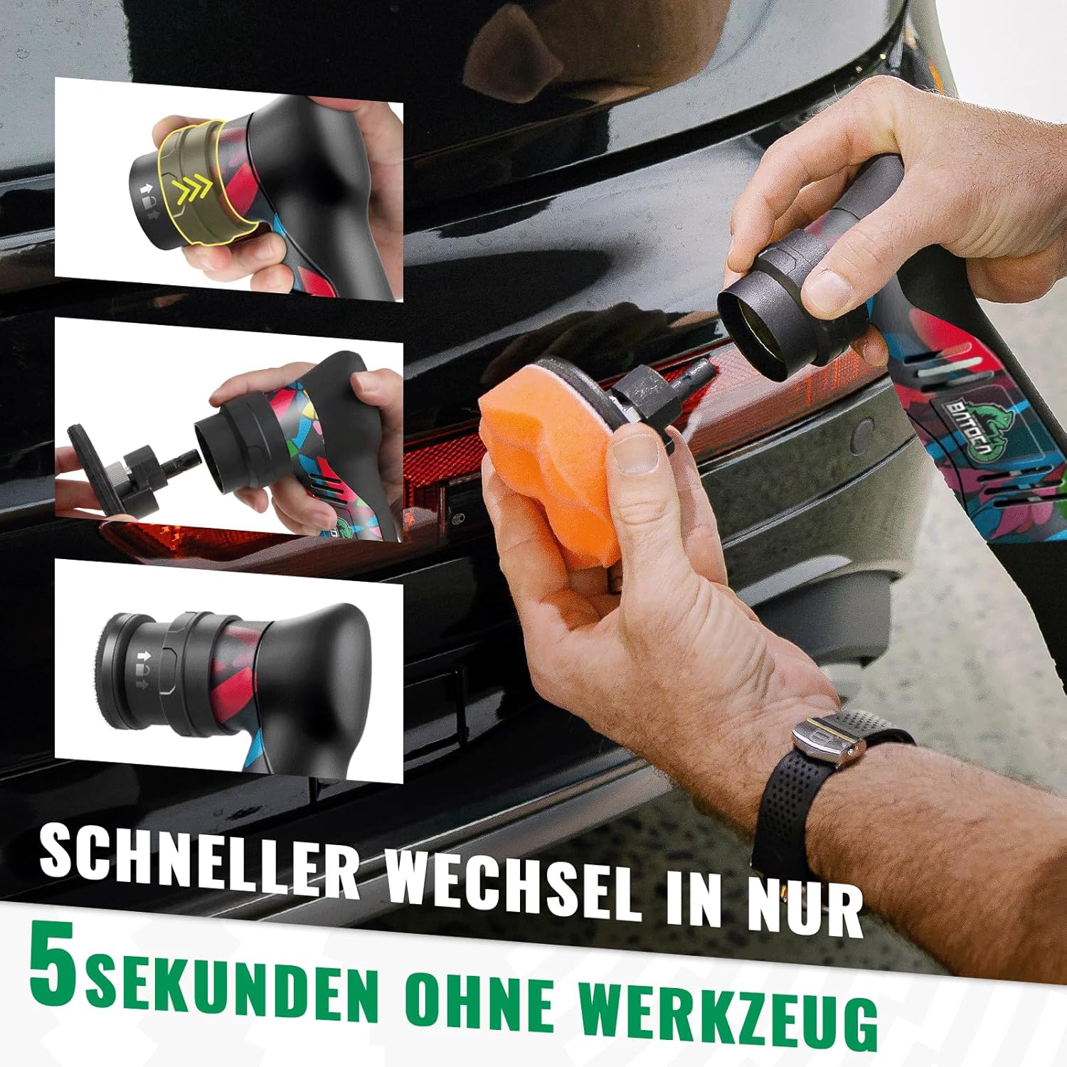 Detalle de BATOCA S5 Akku Mini-Poliermaschine – Rotations- und Exzentersystem mit 2 Akkus und 25/50/75 mm Pads