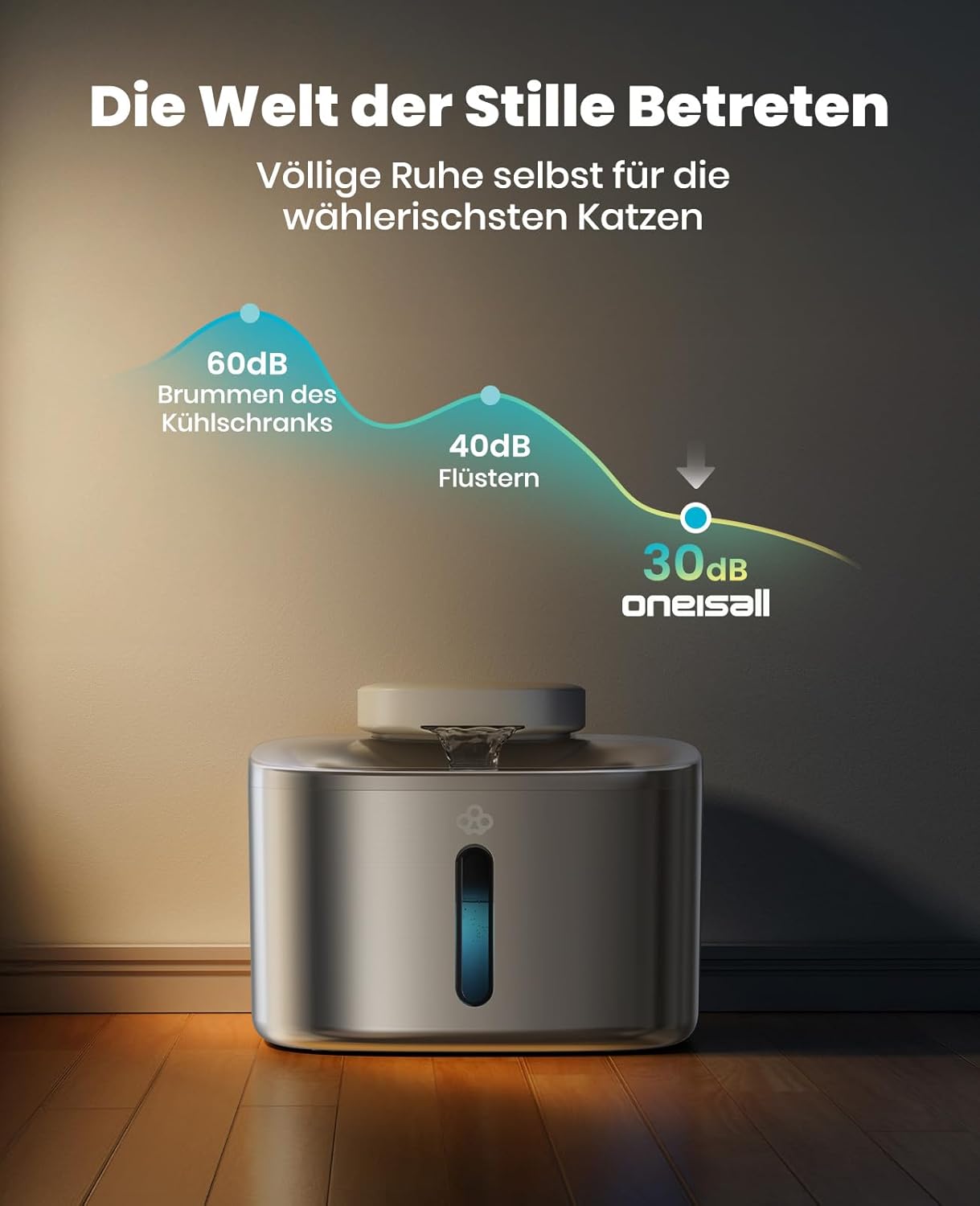 Detalle de oneisall Katzenbrunnen Kabellos 3.5L – Edelstahl, 5000mAh, Bewegungsmelder, leise Pumpe