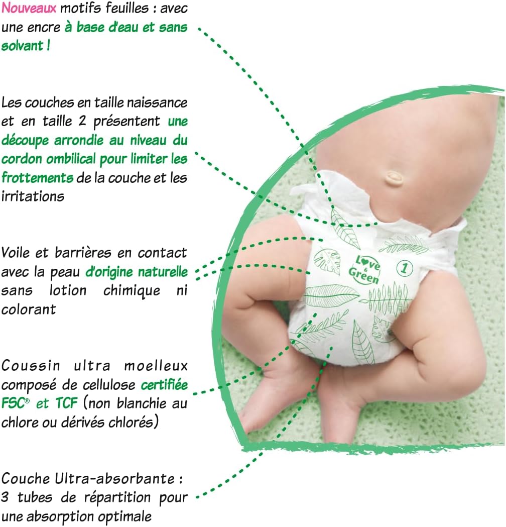 Thumbnail 3 de Love & Green Couches Bébé Saines et Écologiques – Taille 1 (2-5 kg) – Pack 1 Mois (138 Couches)