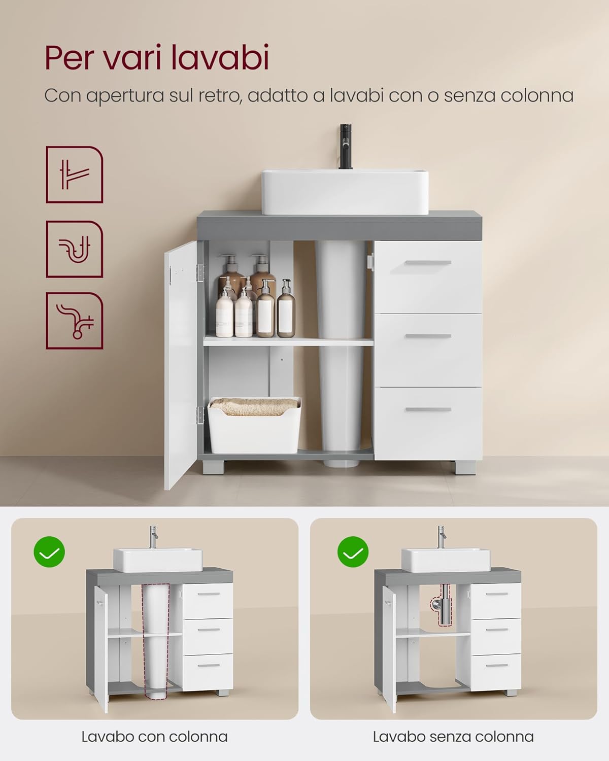 Thumbnail 3 de VASAGLE Mobile sottolavabo per bagno BBK504W02 – Bianco Nuvola e Grigio Tortora, 3 cassetti laterali e 2 scomparti