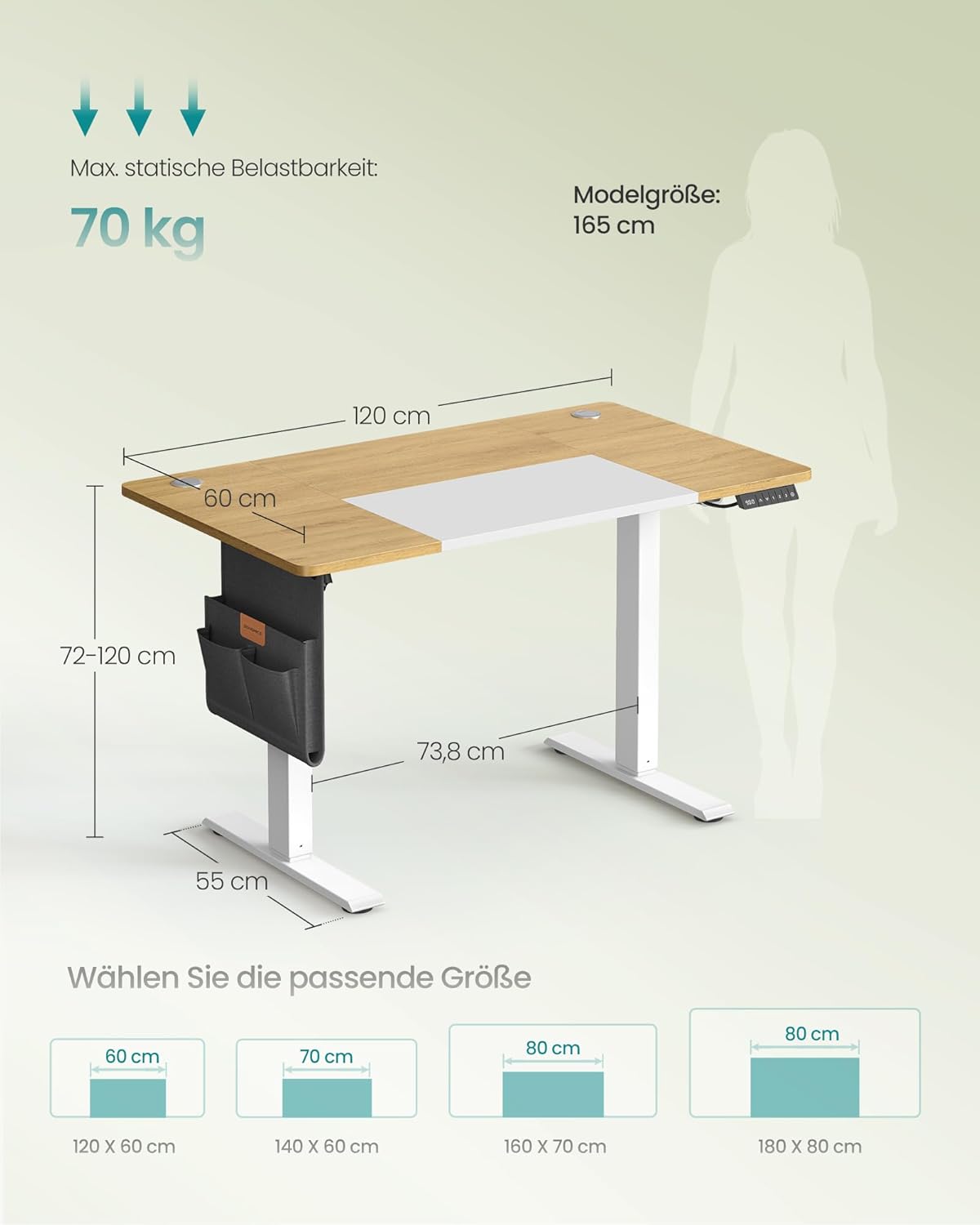 Thumbnail 2 de SONGMICS Höhenverstellbarer Schreibtisch LSD015N01 – 120 × 60 cm, elektrisch, 4 Speicherhöhen, natureichenfarben-mattweiß