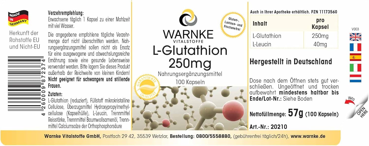 Detalle 2 de Warnke Vitalstoffe L-Glutatión 250mg 💊, 100 cápsulas