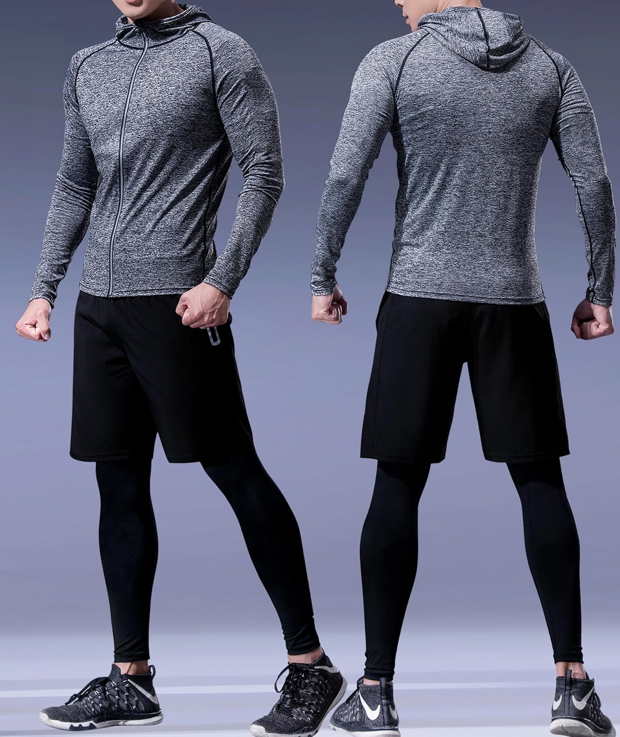 Detalle 2 de Herren Sport-Laufset (4er oder 5er Pack) – Athletisches Shirt + Short/Kompressions-Set mit Mantel & Hoodie