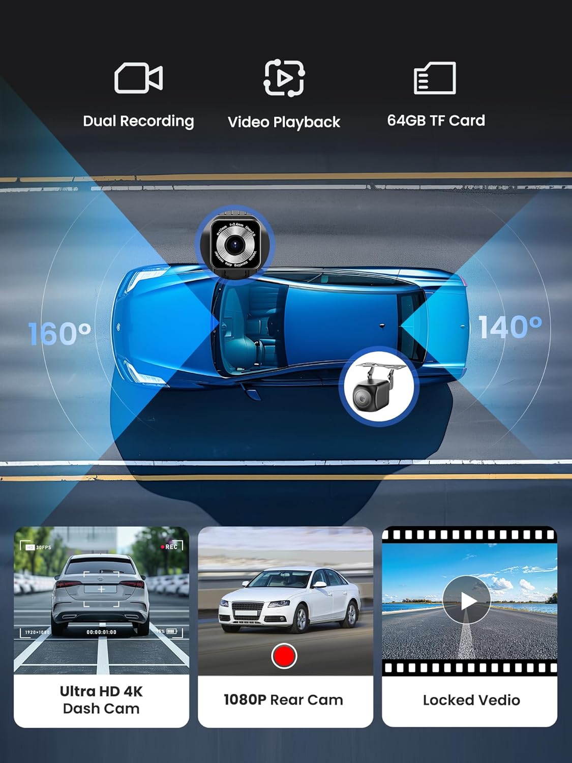 Thumbnail 3 de 9-Inch Wireless CarPlay Screen with 4K Front Camera and 1080p Rear Camera