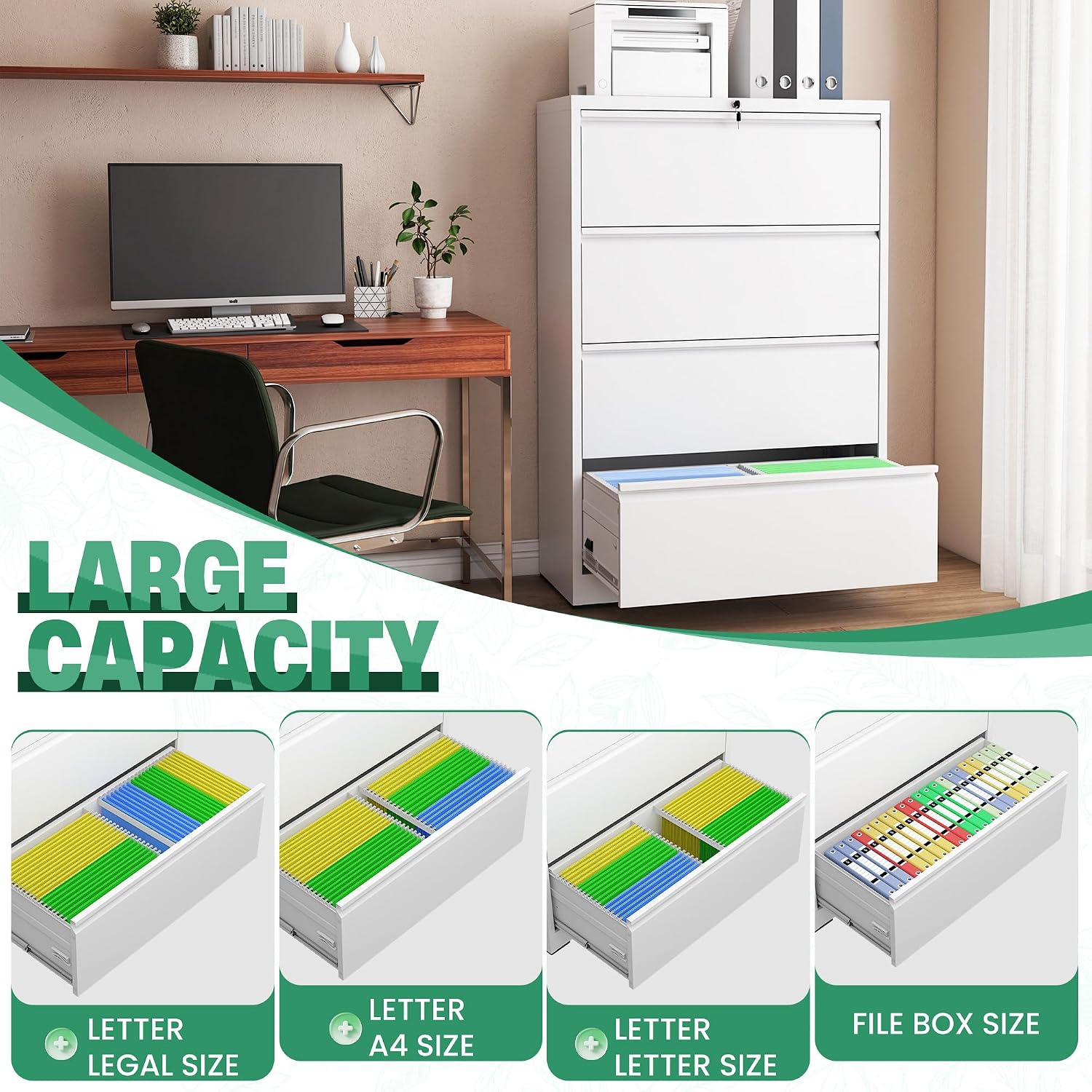 Detalle 1 de VIYET LFC001 4-Drawer Lateral File Cabinet with Lock, White Steel