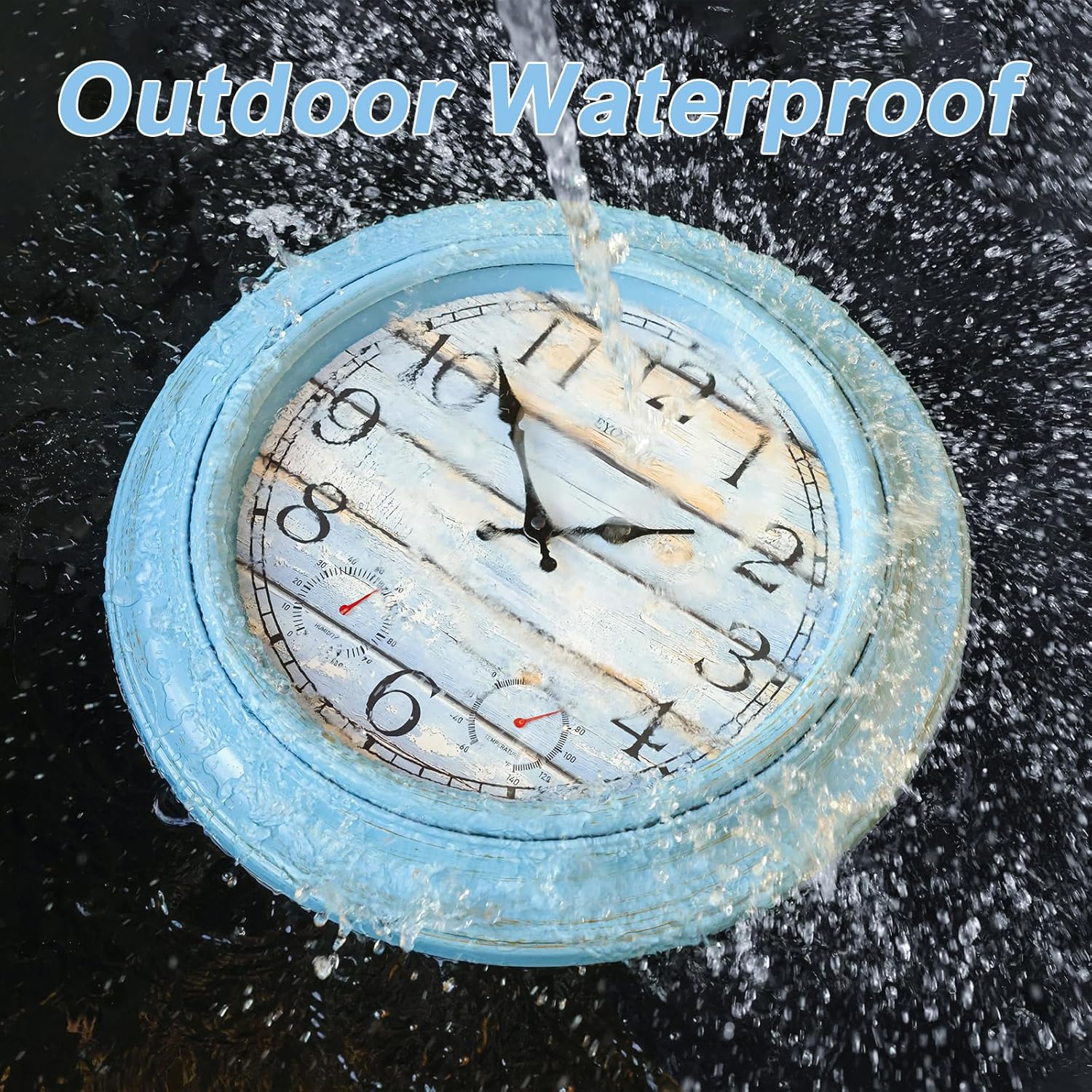 Detalle de eYotto 18-Zoll Große Innen-/Außen-Wanduhr mit Thermometer & Hygrometer – wasserdicht, batteriebetrieben, geräuschlos, Blau, Oversize