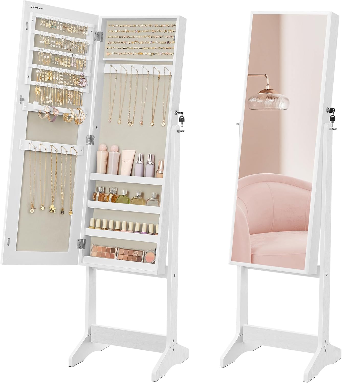 Detalle de SONGMICS Espejo Joyero JJC069W02 con cerradura, armario bloqueable y espejo de longitud completa