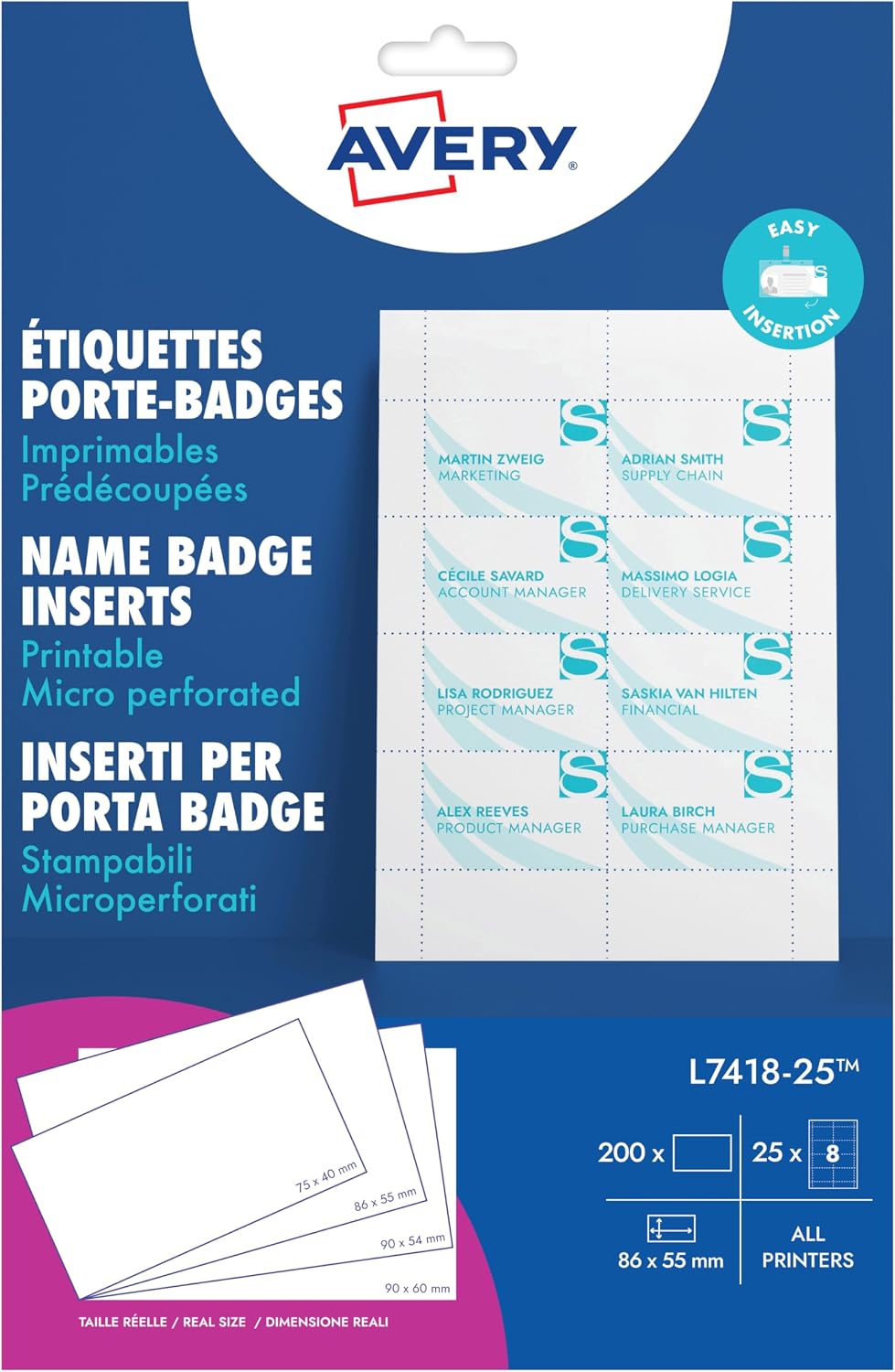 Avery 200 inserts badges 86x55 mm