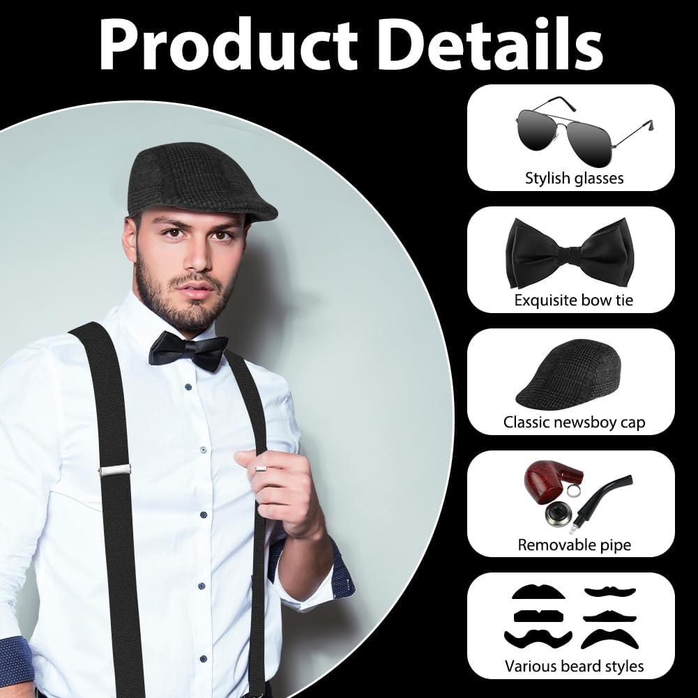 Thumbnail 1 de ACWOO 20er Jahre Kostüm-Accessoires Set für Herren (Mafia): Hut, Taschenuhr, Hosenträger, Fliege, Brille & mehr