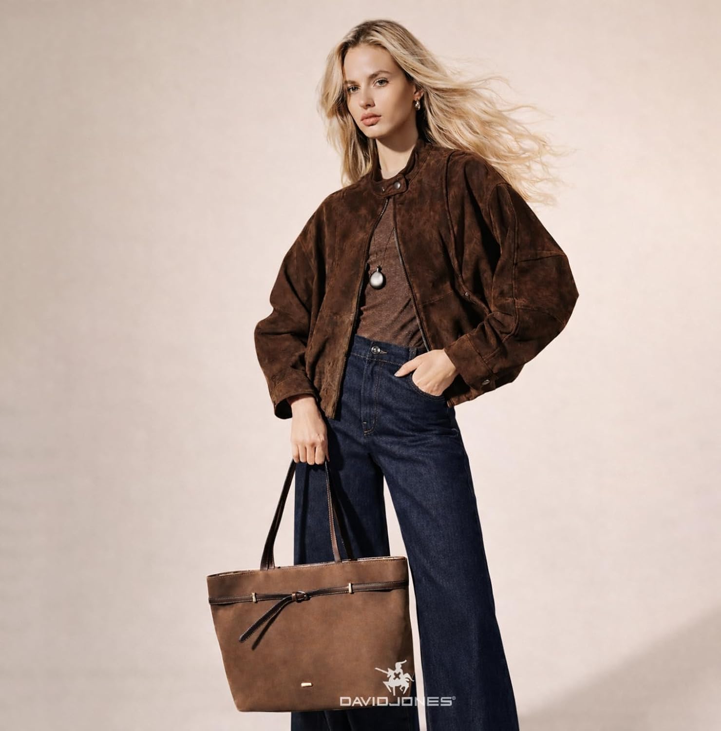 Thumbnail 2 de David Jones sac à main shopping grande taille en simili daim PU, porté épaule avec anse longue (A4, 1 compartiment zippé)