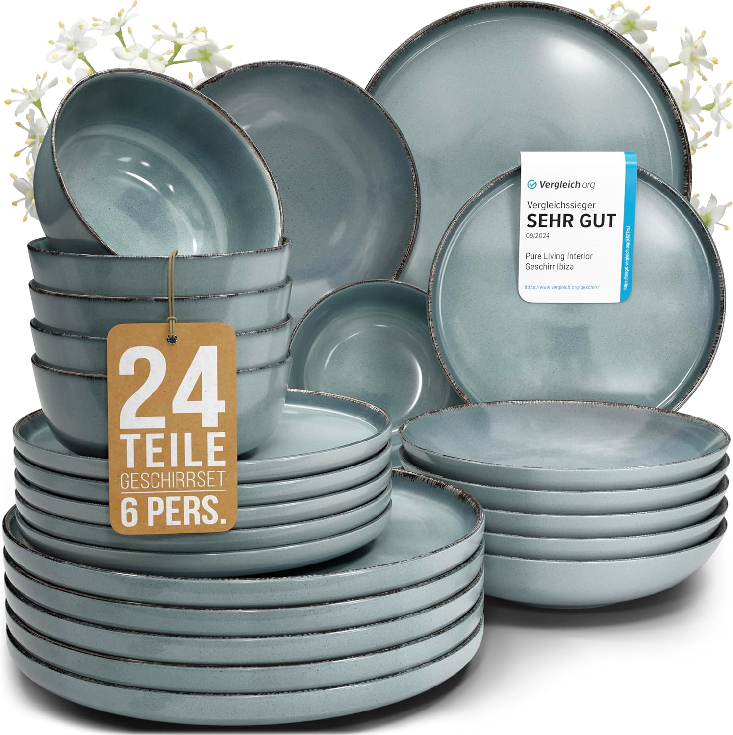 Detalle de Steingut Geschirrset 24-tlg. Rustic für 6 Personen in Rauchblau – TESTSIEGER, Spülmaschinengeeignet